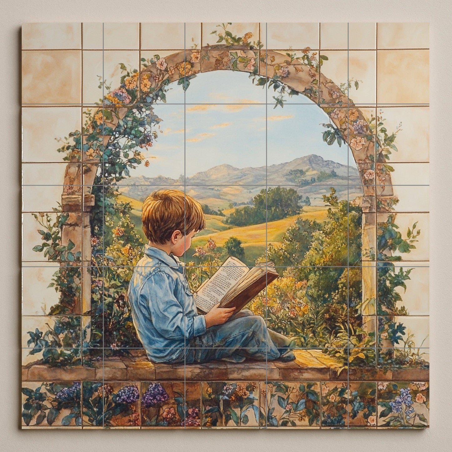 Ceramic mural with a child reading in a garden arch: narrative artwork, rural panorama, rustic decorative panel.