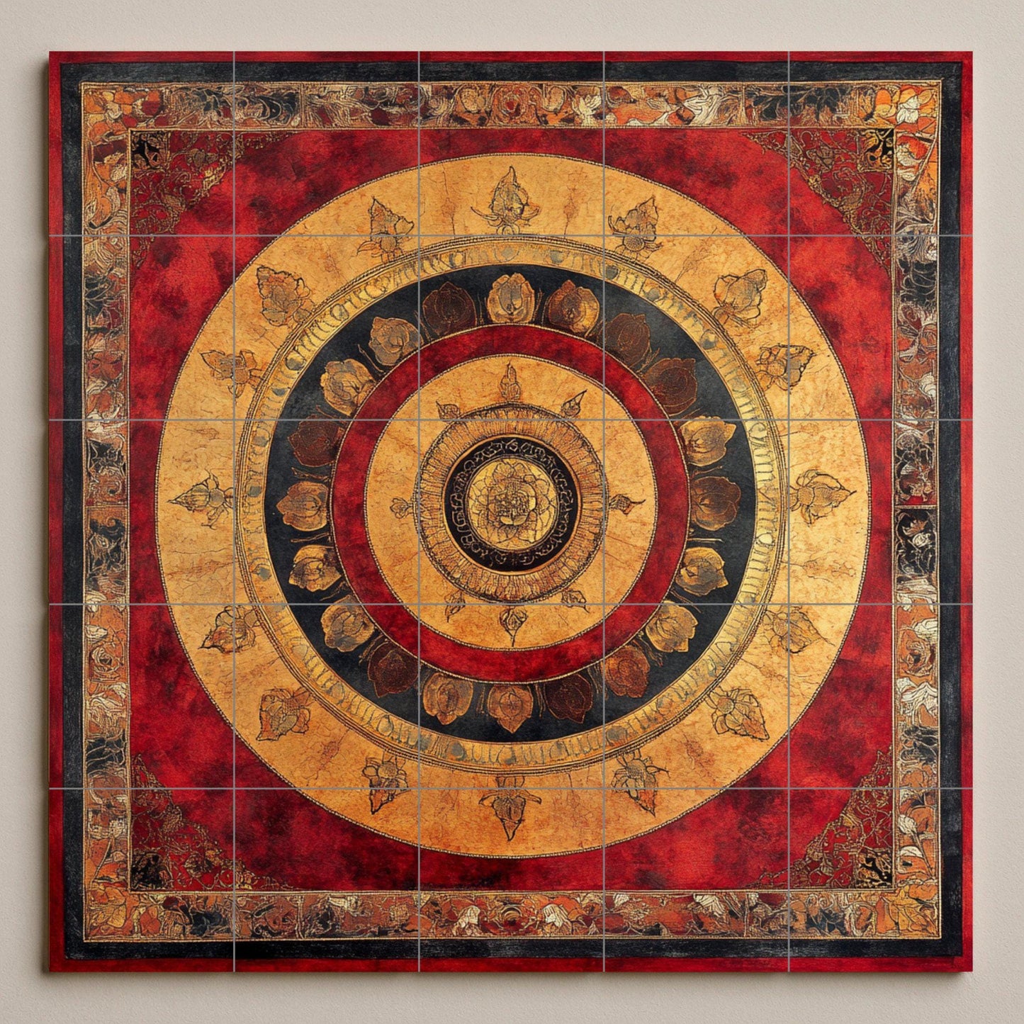 Ceramic mural of Nepalese mandala: sacred Tibetan lotus and cloud border with golden radial symbols in red and black.