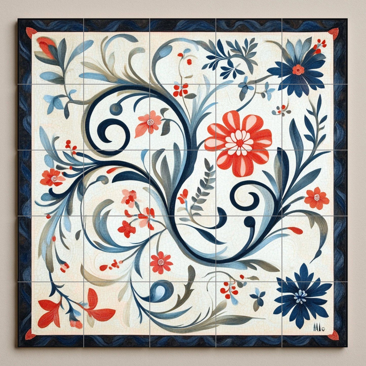 Norwegian ceramic mural Rosemaling: traditional floral scrolls from Telemark and Hallingdal, heritage of Scandinavian decorative art