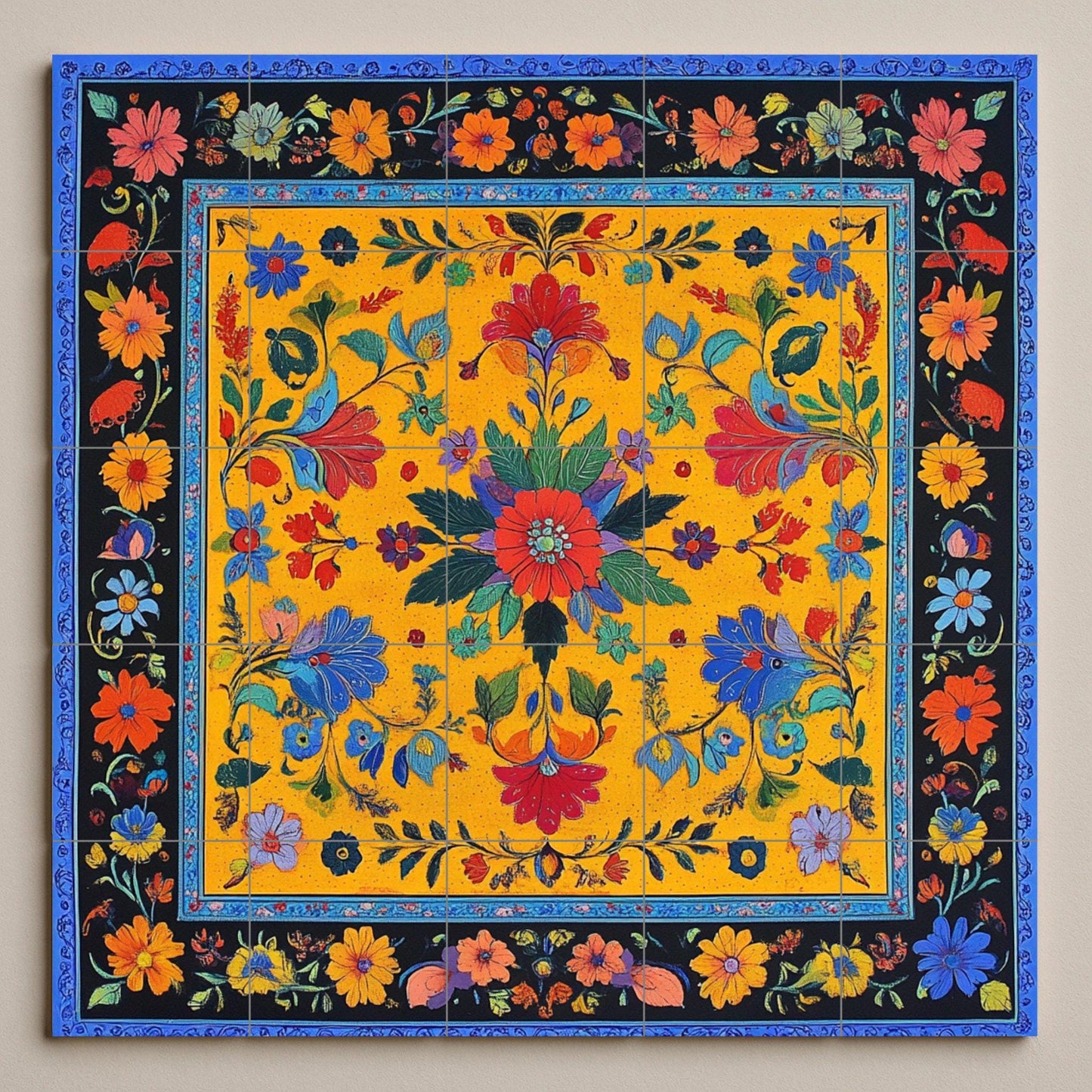 Pakistani ceramic mural: modern floral design inspired by Lahore Fort, Shalimar Gardens and Sufi cultural heritage.