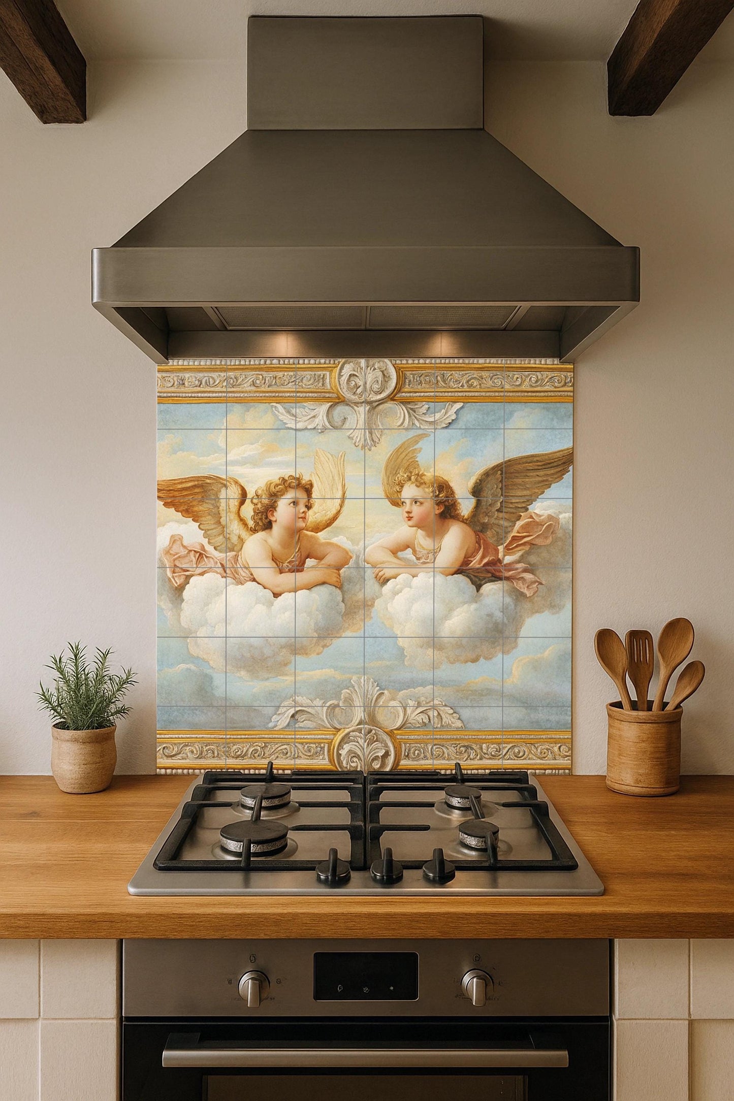 Ceramic mural of Renaissance cherub angels, inspired by Raphael's putti, celestial mural art with clouds and a golden frame.