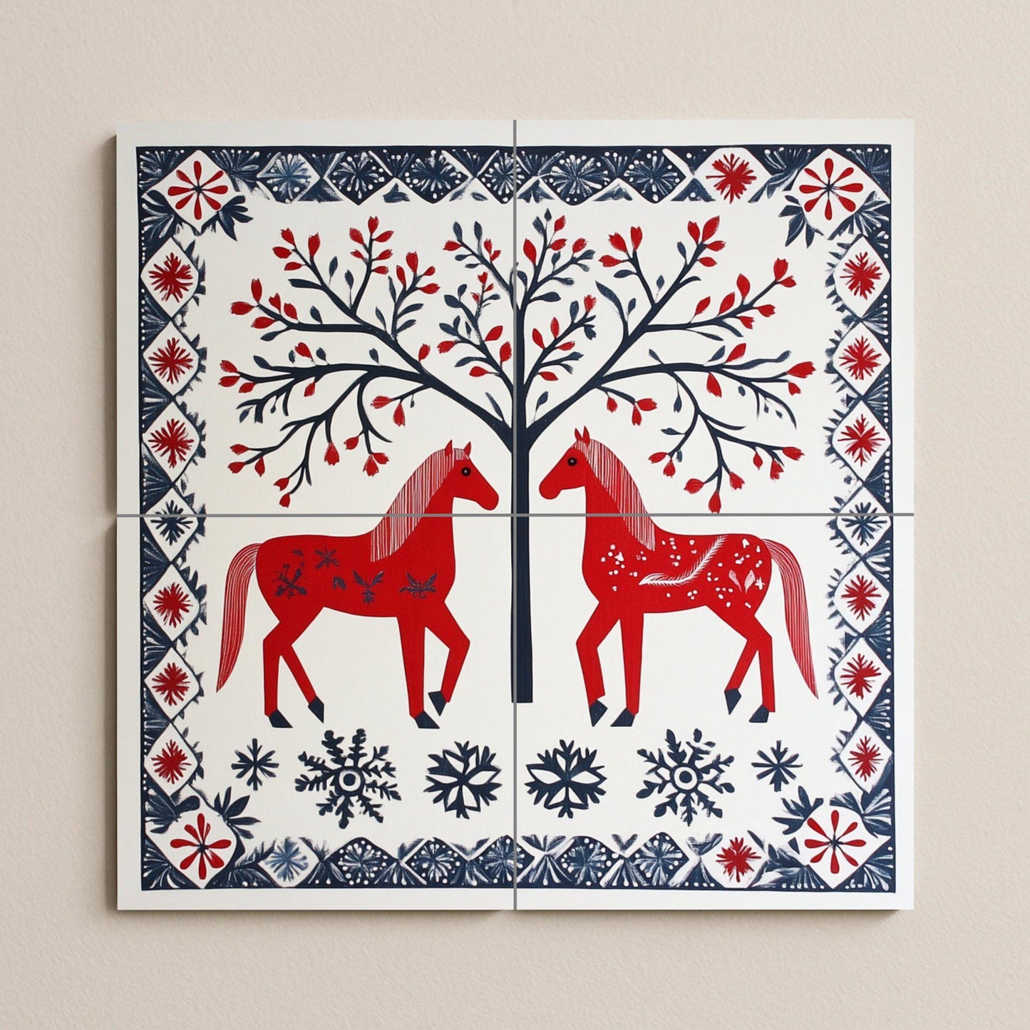 Scandinavian folk ceramic mural: red horses, tree of life, and snowflake border. Nordic decorative art with winter folk charm.
