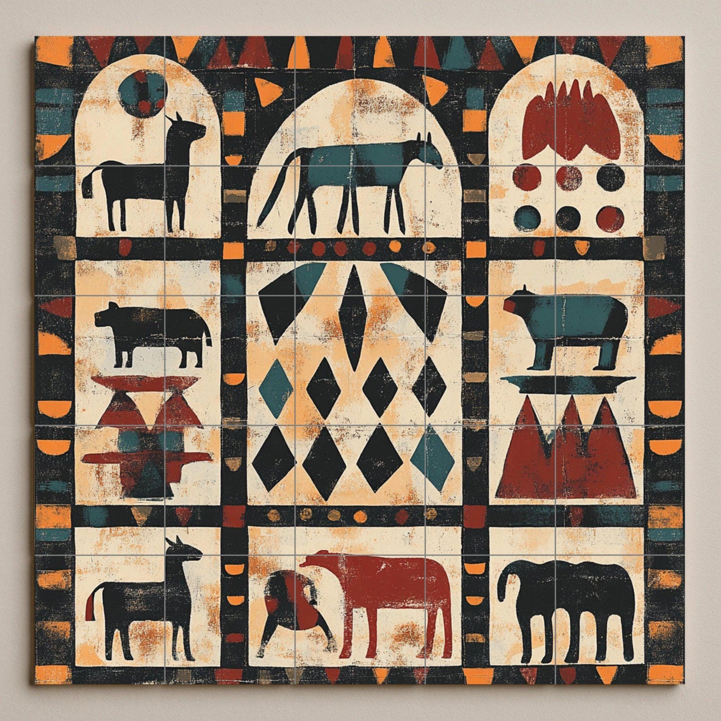 Sudanese Nubian mural: ceramic mural art with geometric animal motifs, tribal arches in earth tones and African heritage panel inspired by adobe.