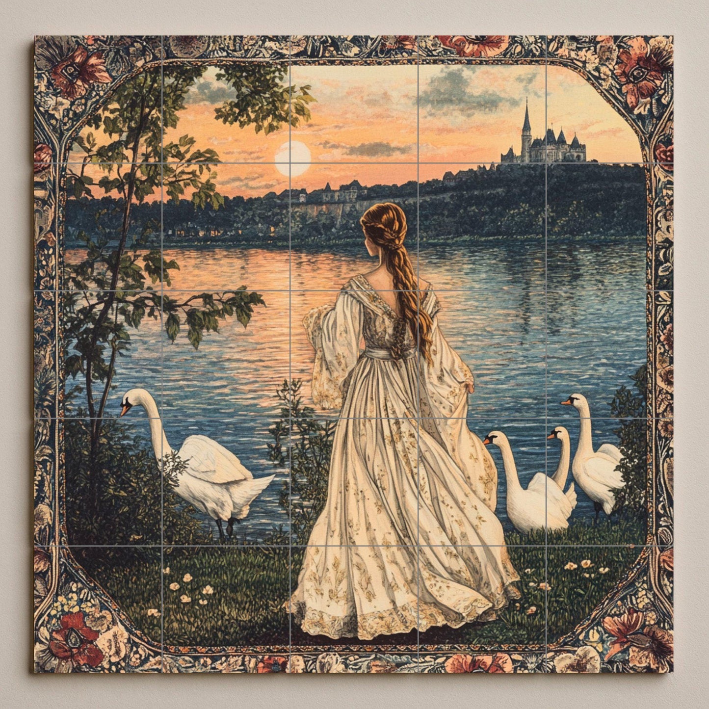 French ceramic mural: romantic woman by the lake with swans, horizon of a castle at sunset, Parisian elegance and inspiration from the Loire Valley.