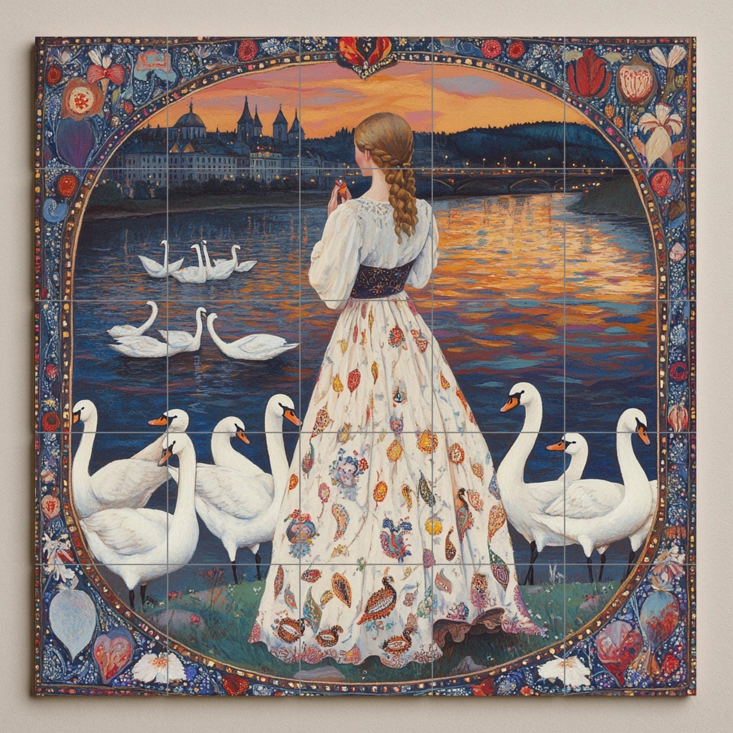 Folk ceramic mural: swans on a lake at sunset with a woman in a floral dress, fairy tale border and narrative wall art.