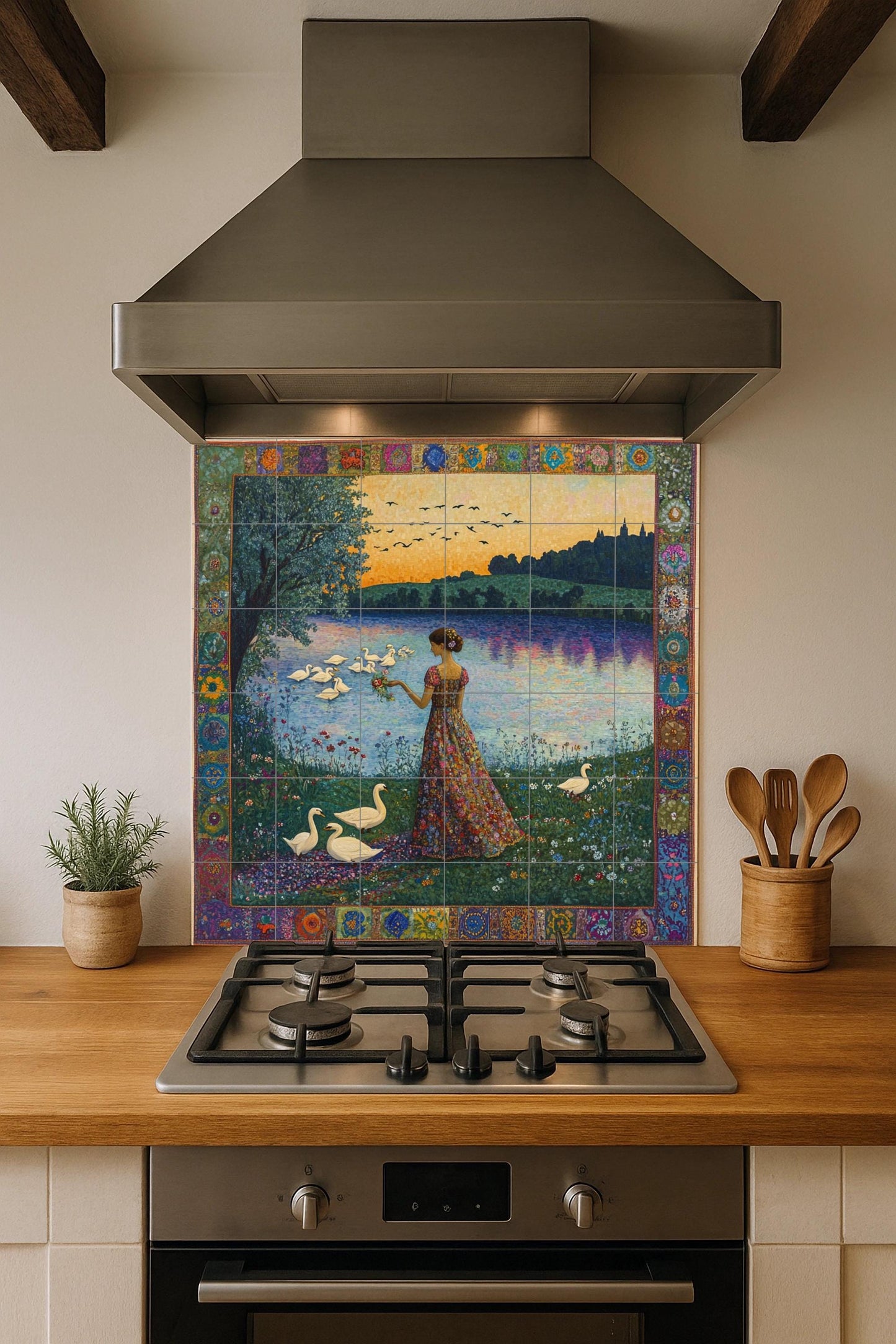 Art Nouveau ceramic mural: woman with swans on a lake at sunset, floral dress and jewel-embellished border, decorative ceramic wall panel.