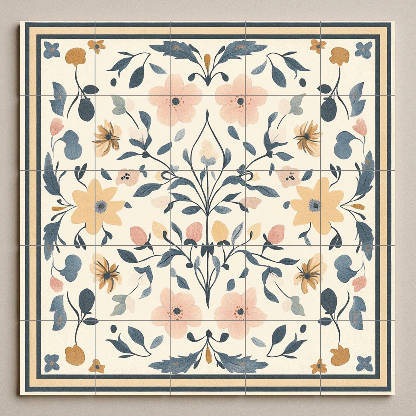 Floral ceramic mural of Swedish kurbits: folk art symmetry from the traditions of Dalarna, Mora and Uppsala, Nordic decorative panel in pastel shades