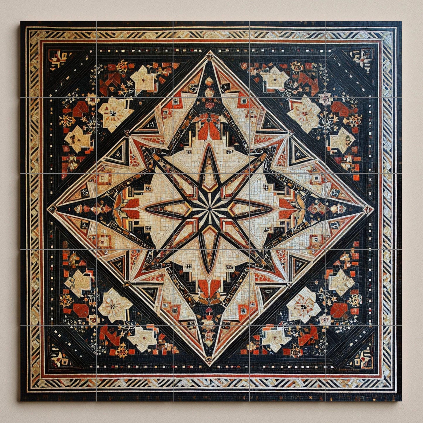 Geometric ceramic mural from the Middle East: modern star mosaic in black, ivory and terracotta, ornamental wall art with timeless symmetry.