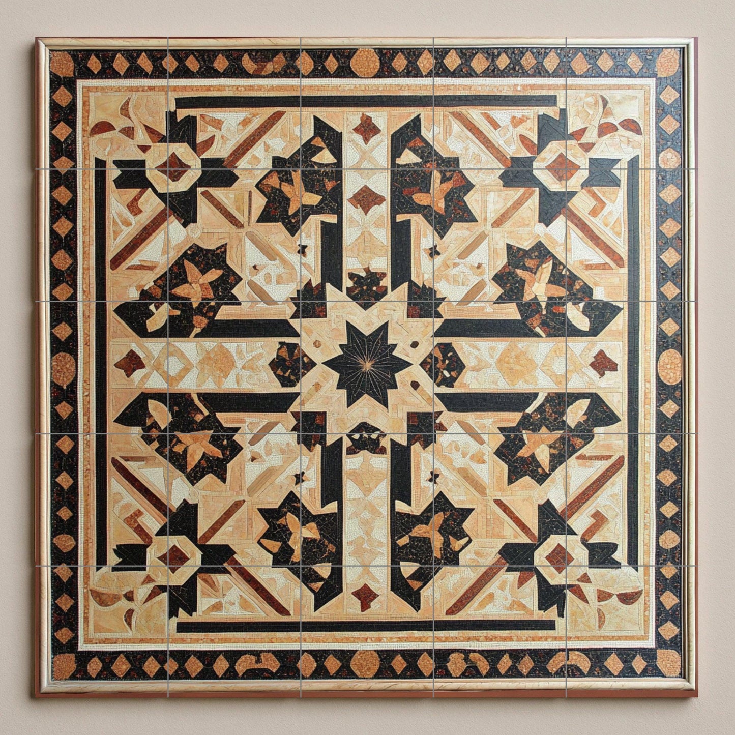 Syrian ceramic mural: intricate geometric design of stars in earthy tones, Damascus mosaic art with ornamental border and refined symmetry.