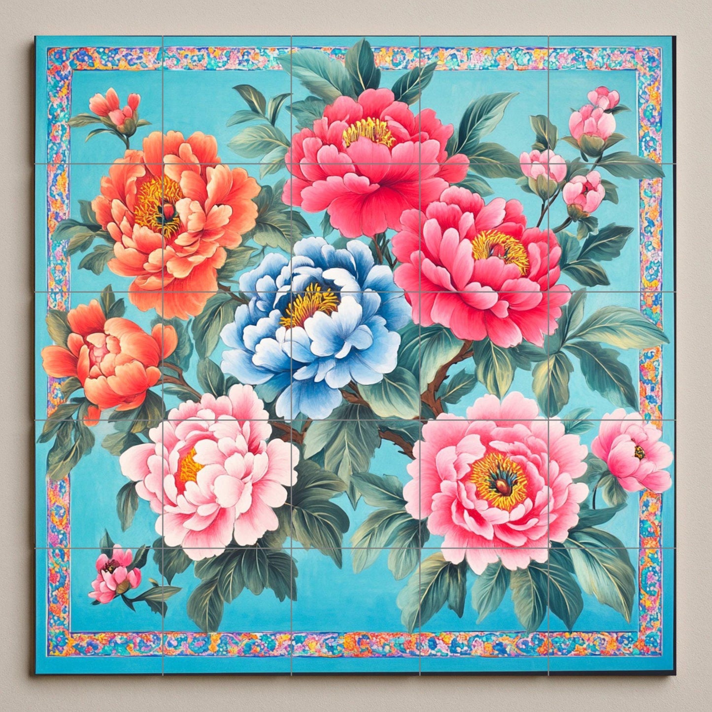 Chinese ceramic mural: peony flowers in red, pink, orange and blue, traditional floral tile art, symbol of prosperity and cultural heritage.