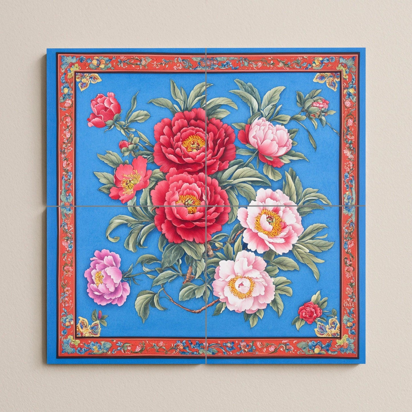 Large ceramic floral mural: intense red and pink flowers on a deep blue with an ornate border, striking tile wall art for impactful interiors.
