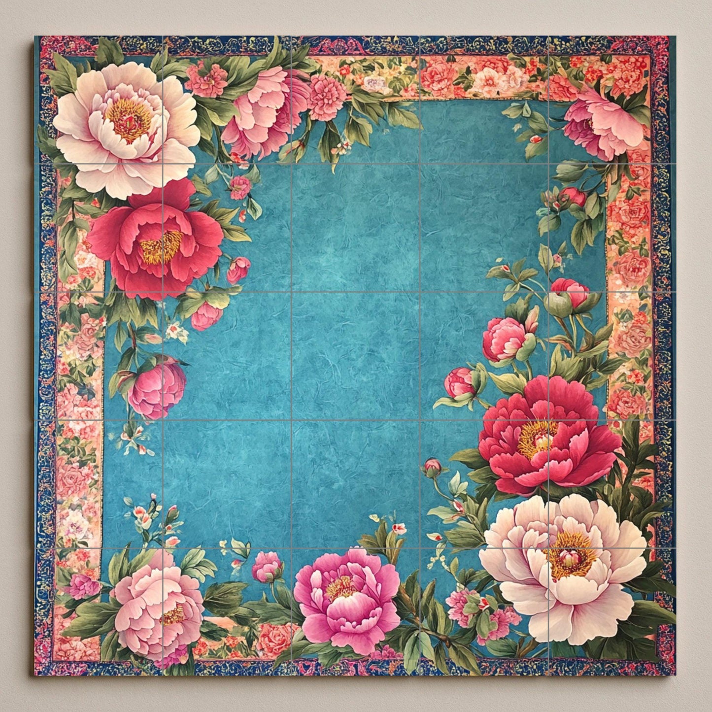 Floral ceramic mural: elegant pink and red flowers with lush vegetation on a turquoise background, ornate tile artwork with decorative border.