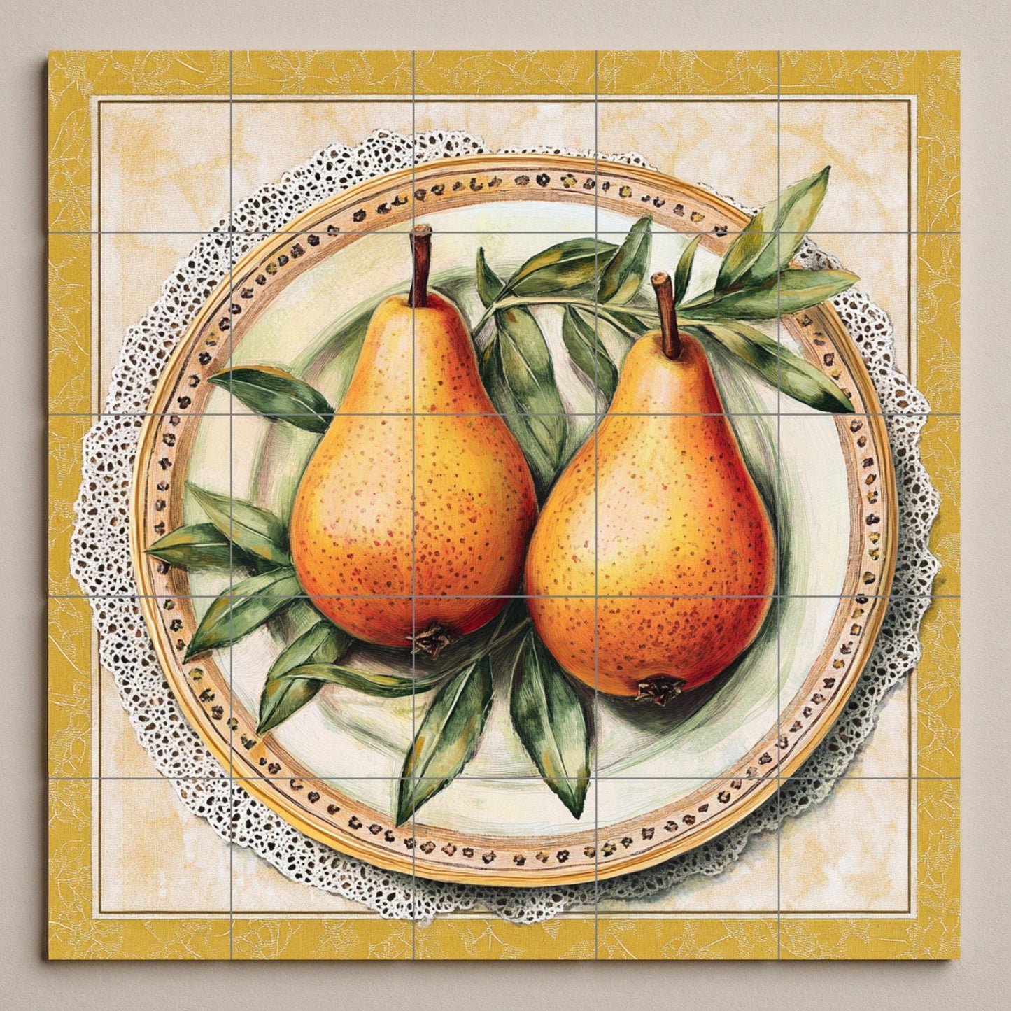 Rustic ceramic mural with pears: still life of golden fruit on an ornate plate, vintage Italian country style tile art with lace border and leaf details.