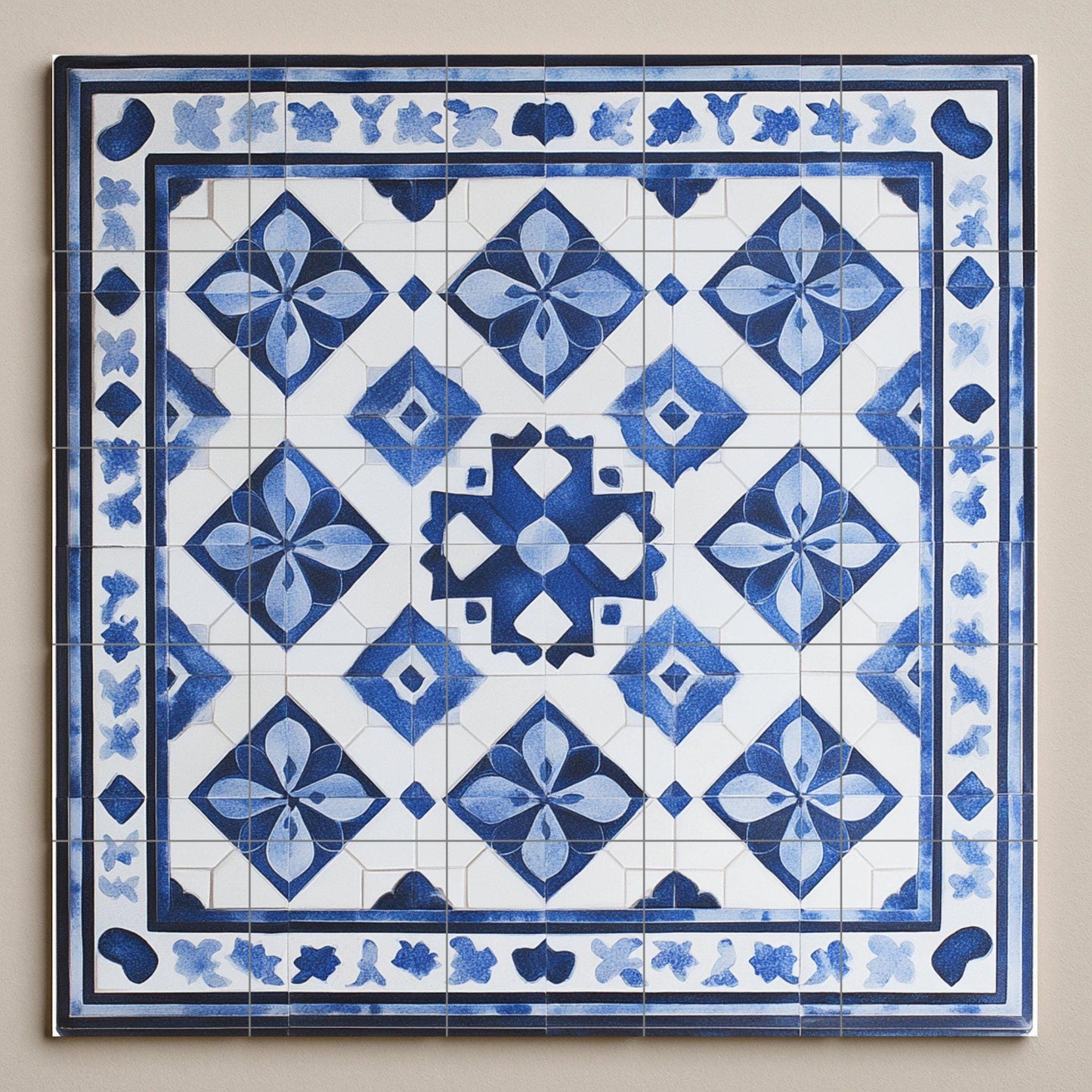 Tunisian ceramic mural: geometric tile art with arabesque border, hand-painted Mediterranean wall panel, handcrafted decoration.