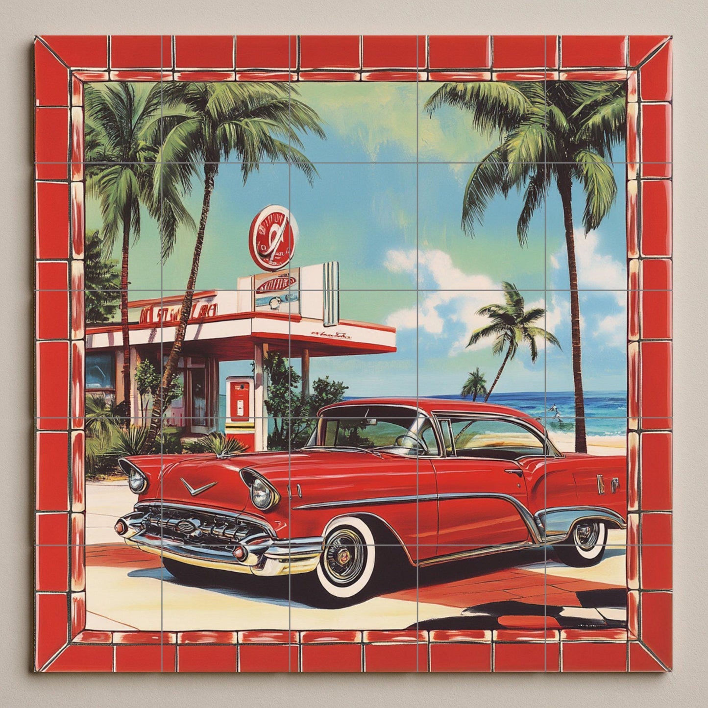 Retro car ceramic mural: classic red car mosaic with old gas station, palm trees, Ocean Drive and nostalgic artwork from the American era.
