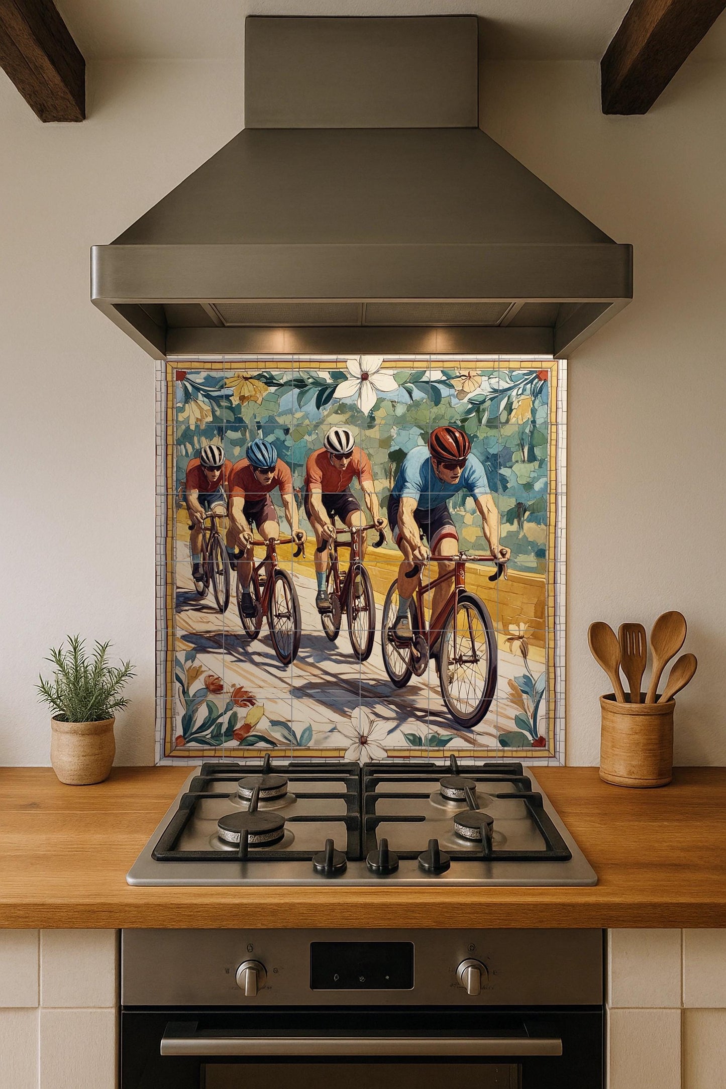 Ceramic mural of a cycling team: dynamic mosaic with racing cyclists, athletic energy, sports artwork, floral border and vibrant tile composition.