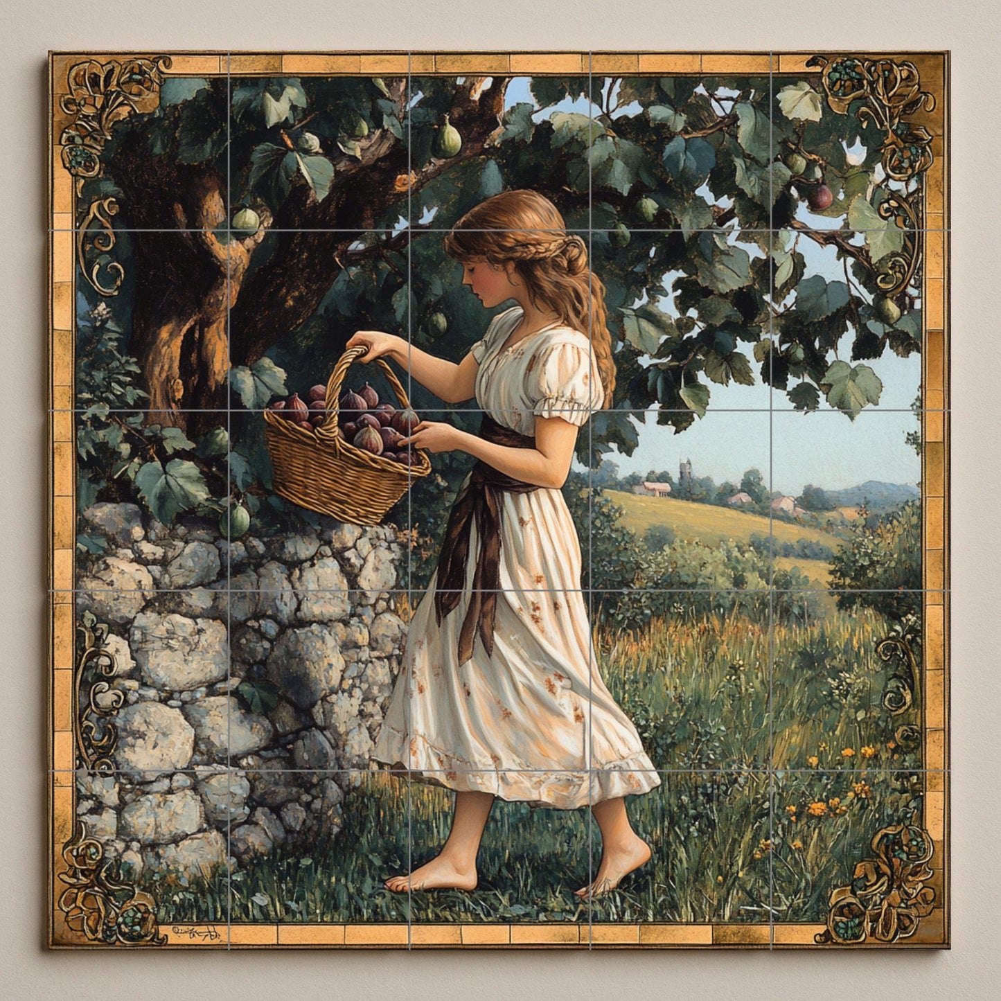 Ceramic mural of the plum harvest: rustic country mosaic with young woman, fruit basket, stone wall, decorative frame and pastoral artwork.