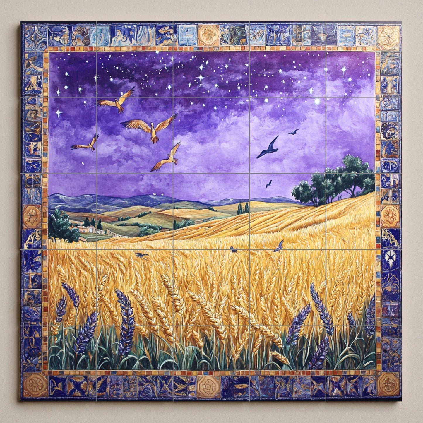 Ceramic mural of a wheat field on a starry night: mosaic of the golden harvest with birds in flight, purple sky, ornamental border and countryside landscape.