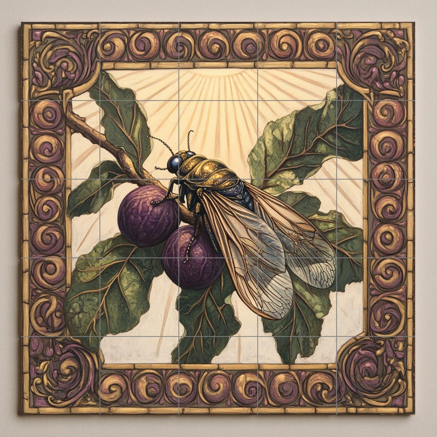 Ceramic tile mural with purple figs, Mediterranean fig wasp design, ornate Renaissance border, handmade decorative panel with symbolic botanical art for wall.