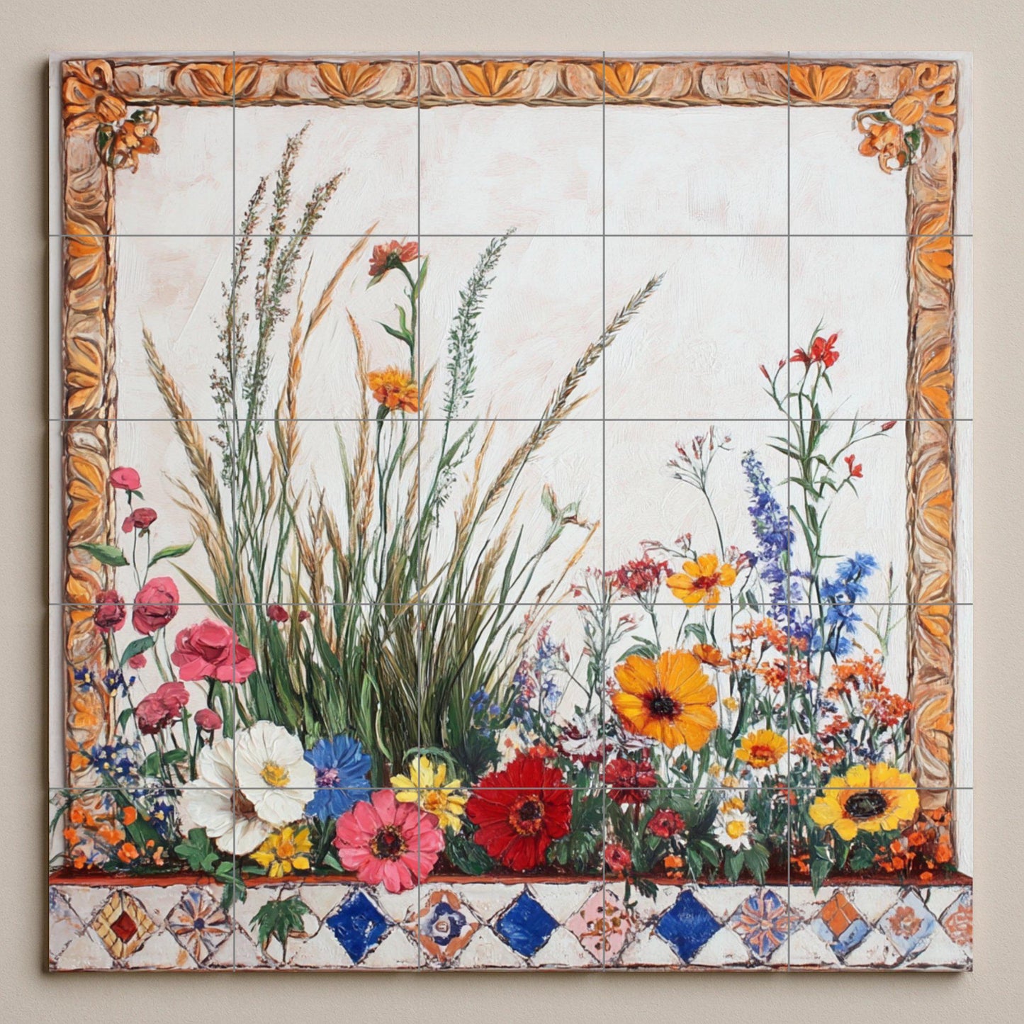 Ceramic tile mural with wildflower meadow border, wheat stalks, poppies, daisies, marigolds and decorative botanical panel with ornate frame.
