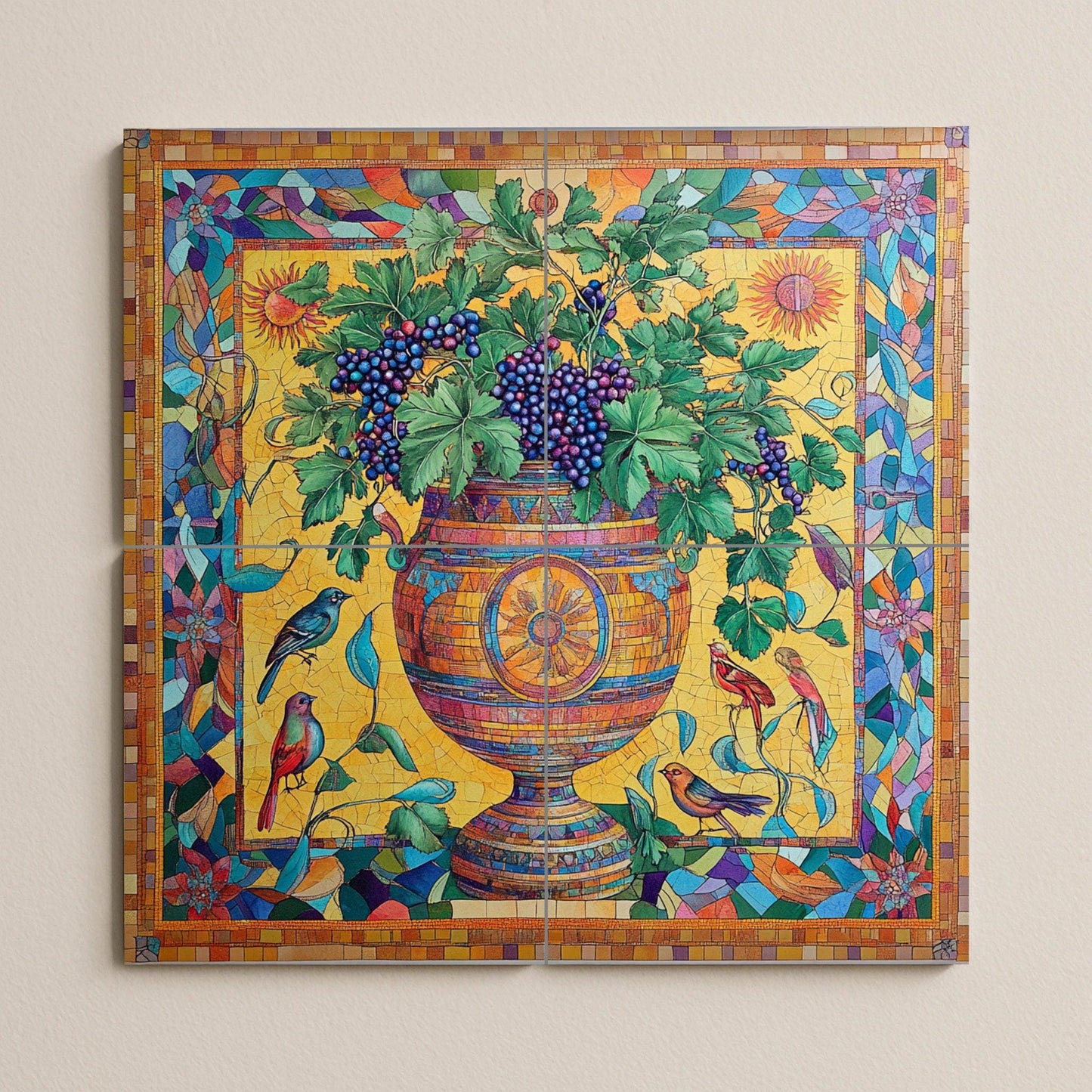Roman ceramic mosaic mural with vine urn and images of Bacchic vineyards, classical urn with grapes, birds and tesserae border