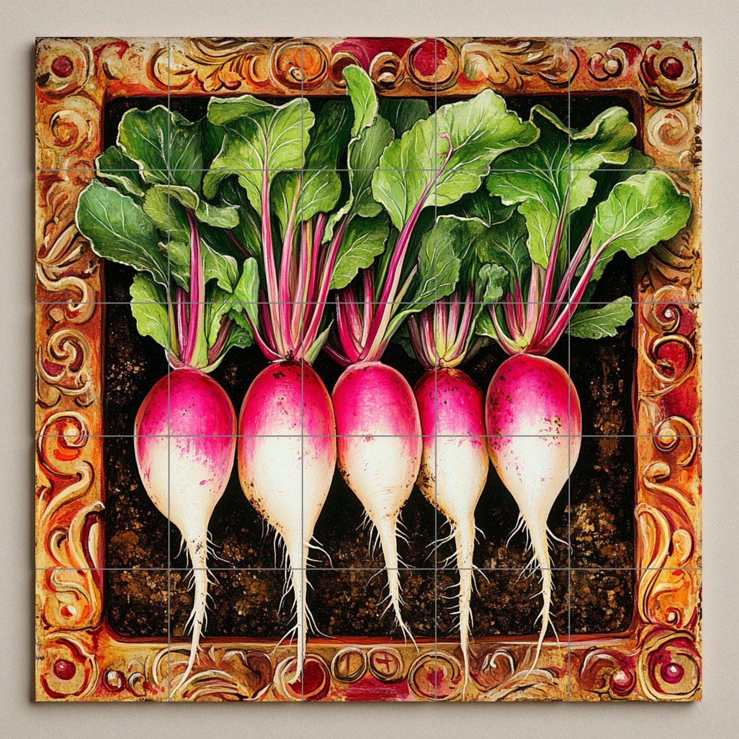 Ceramic tile mural featuring fresh radishes and leafy stems, detailed tuber design with ornate frame, decorative wall art panel