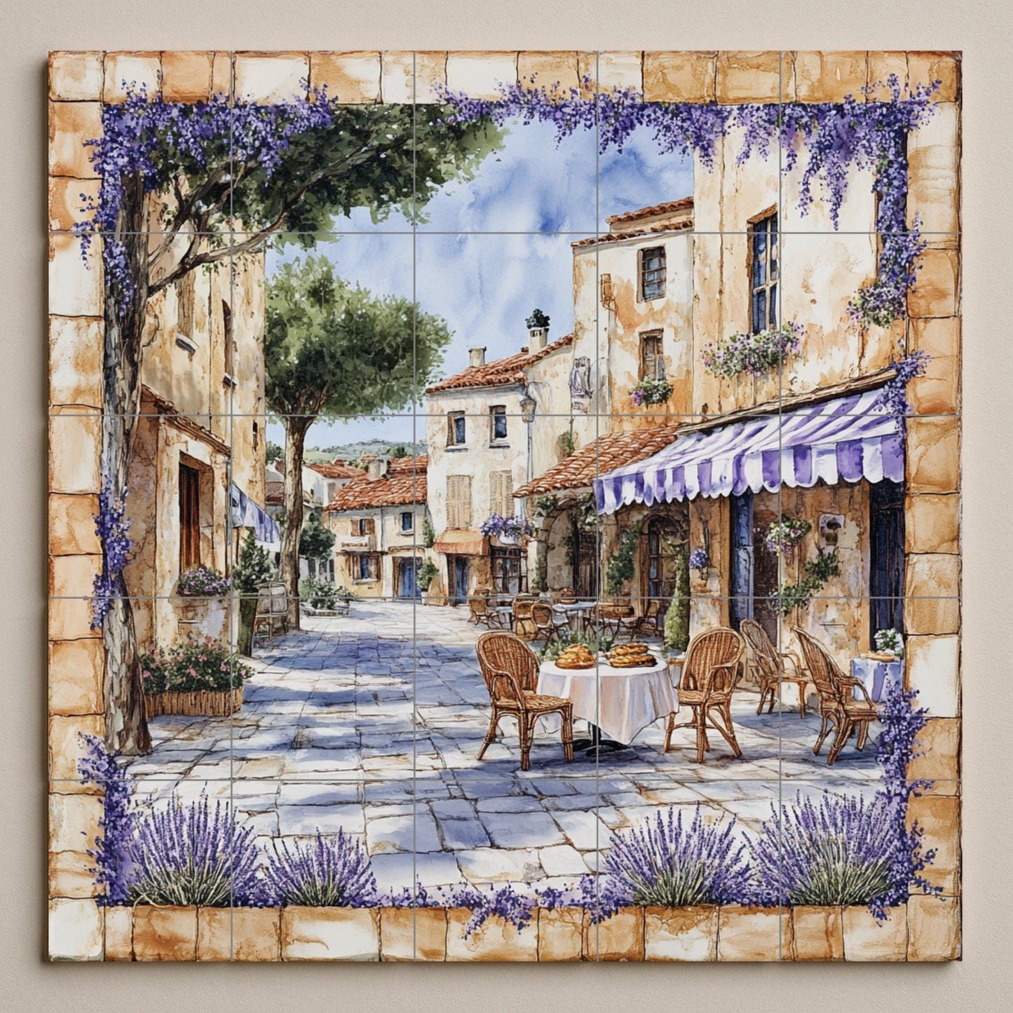 French rustic cafe ceramic wall mural with wicker chairs, lavender garlands and Provencal decorative tile panel of golden stone village square.