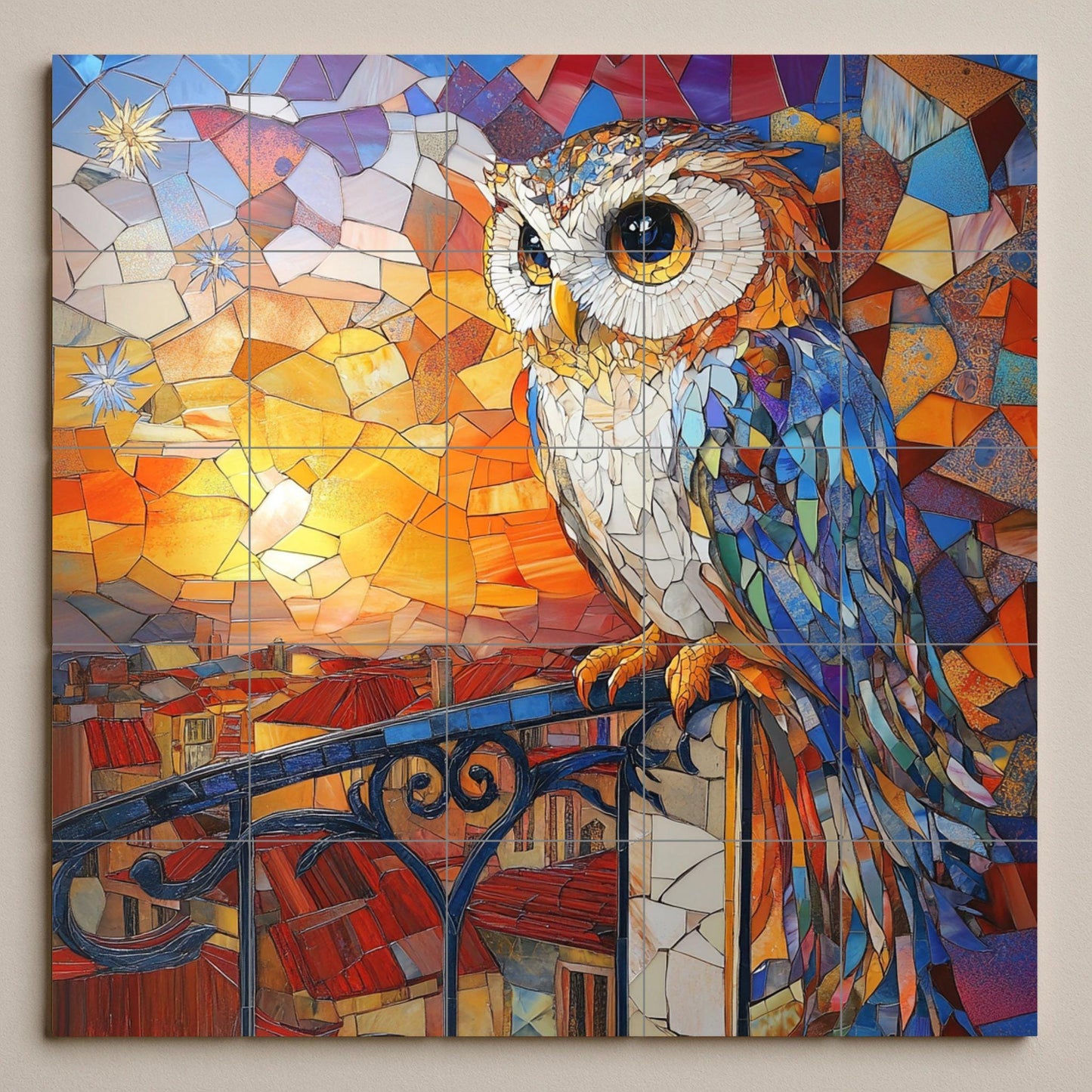 Art Nouveau mosaic owl ceramic tile mural with vibrant sunset stained glass, modernist decorative balcony design, wall art panel