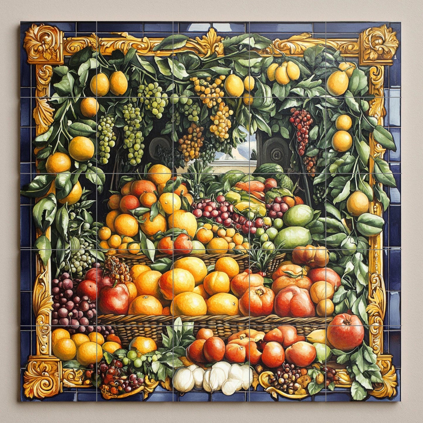 Ceramic tile mural with Neapolitan baroque fruit garland featuring vineyard grapes, orchard pears and ornate gold border, Italian rustic villa panel.