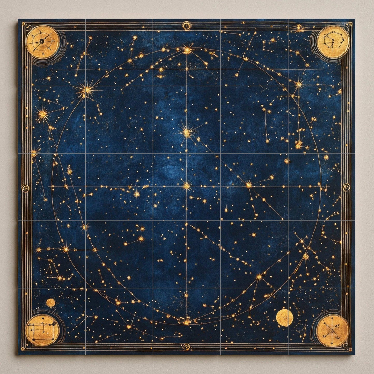 Ceramic tile mural with ancient celestial star map with zodiac constellations, Renaissance astronomical map and gilded cosmic navigation wall panel.