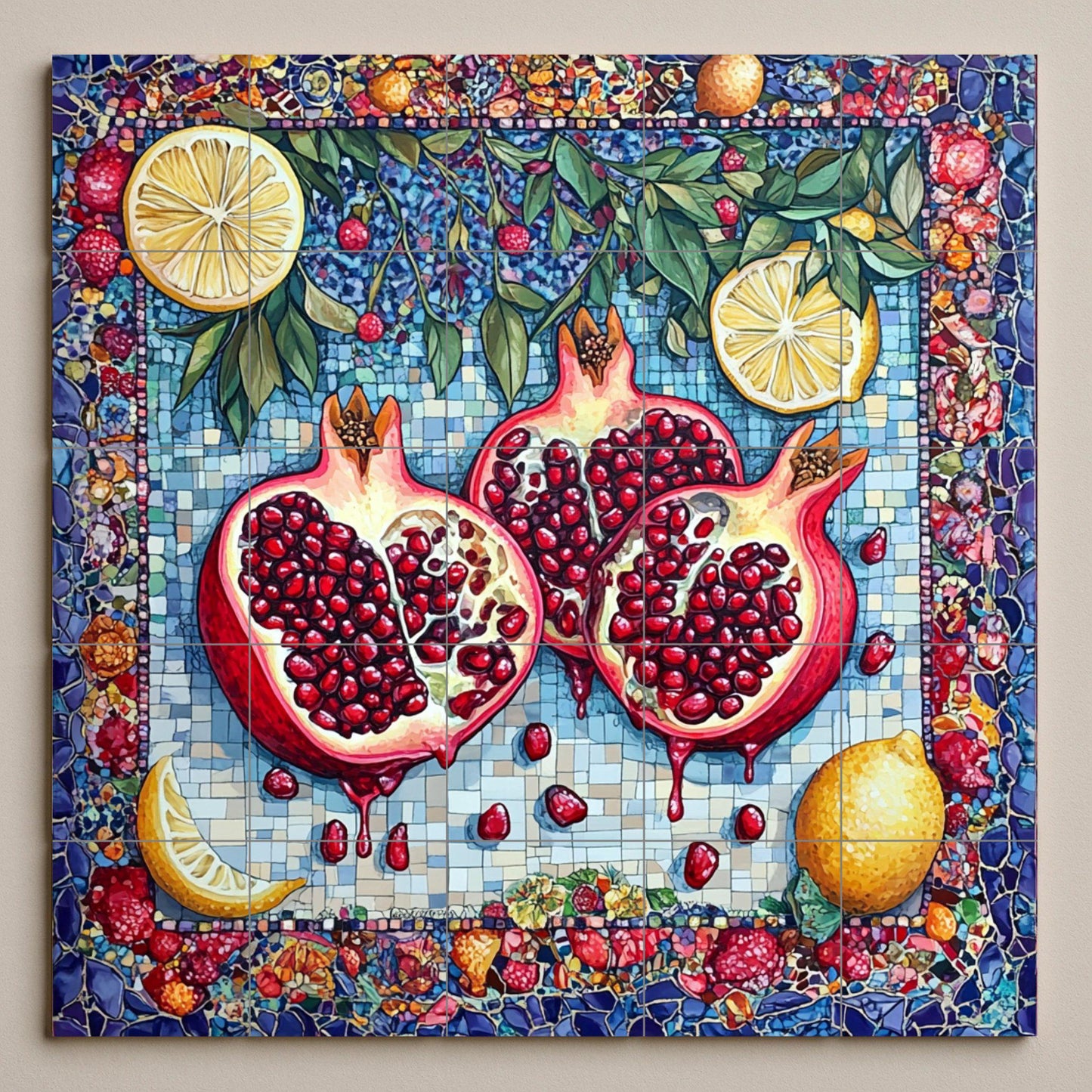 Mediterranean pomegranate ceramic tile mural / Mosaic wall art with lemons and fruit / Symbol of fertility and abundance