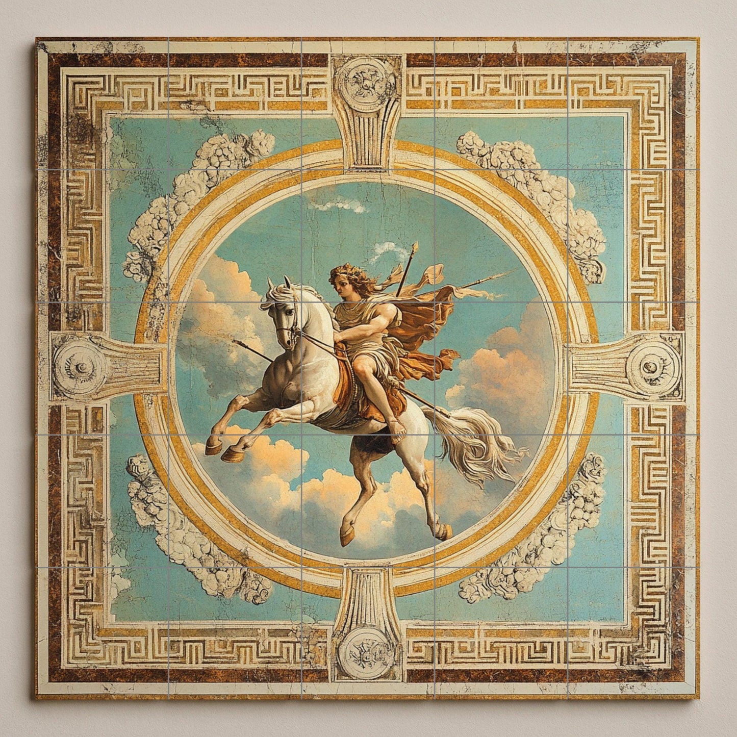 Ceramic tile mural of classical mythology / Hero on horseback in the sky with clouds and ornamental frame / Renaissance decorative panel