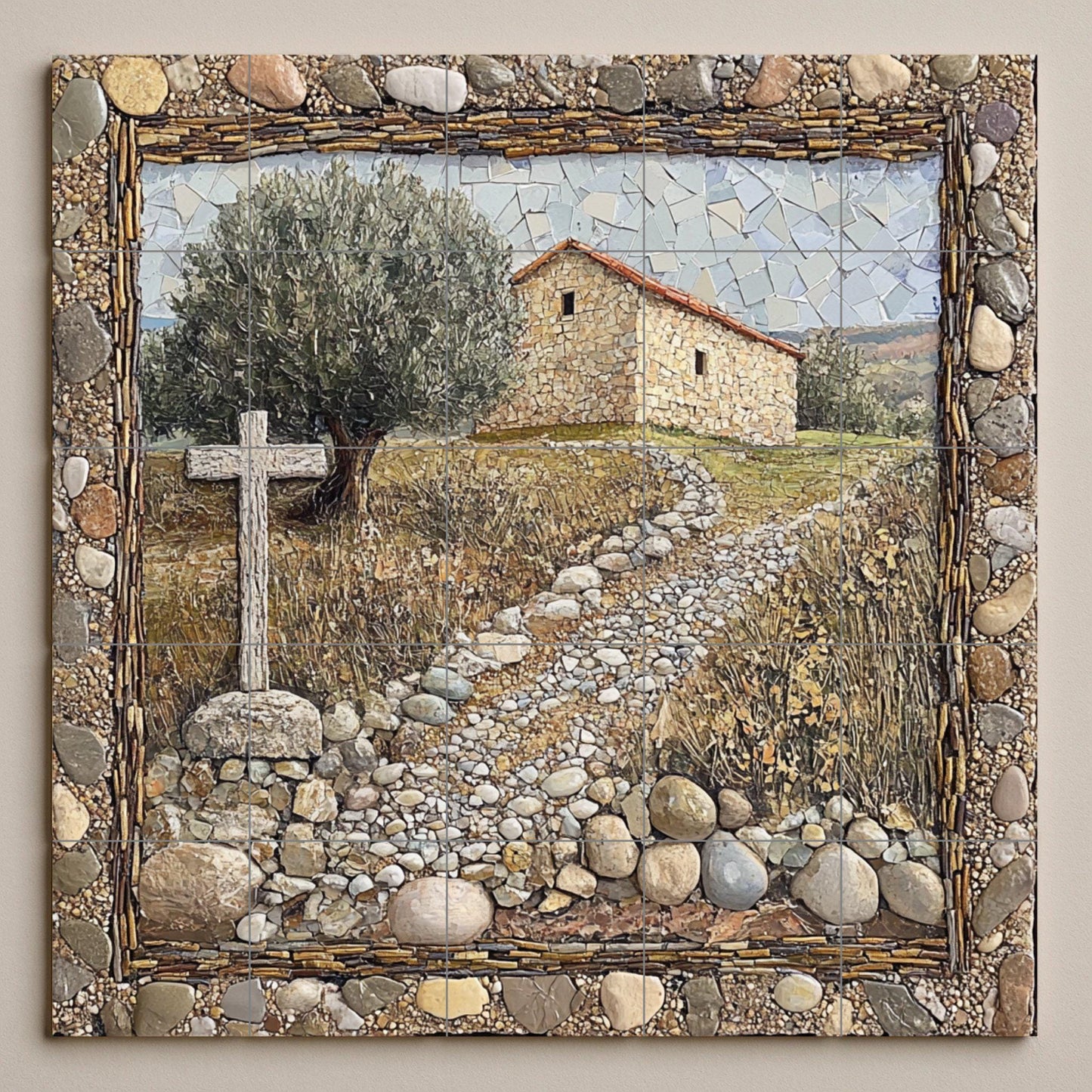 Rustic chapel ceramic tile mural, stone path with cross and farmhouse, religious decorative panel for living room.