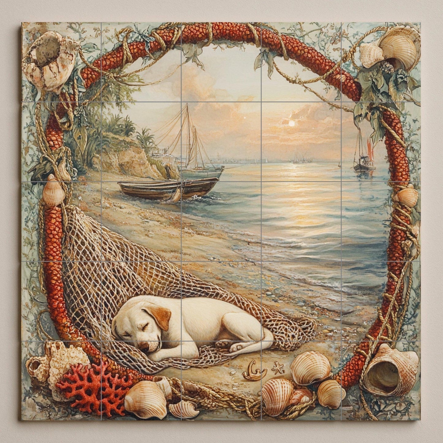 Ceramic tile mural with a puppy by the sea / Dog sleeping on the beach with boats and shells / Coastal nautical decorative panel