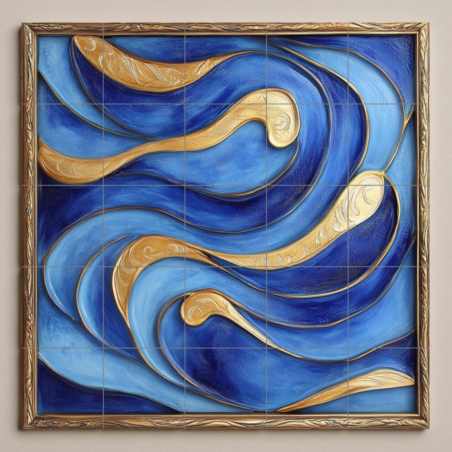 Abstract blue and gold ceramic tile mural for wall. Modern luxury decorative panel with flowing wave design for kitchen or bedroom backsplash.