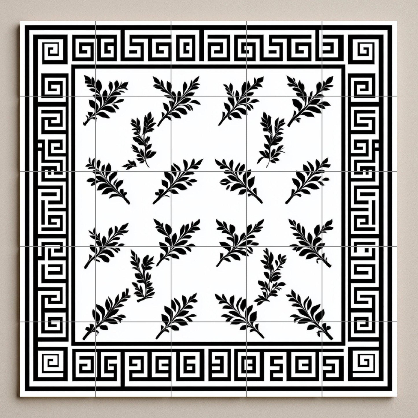 Ceramic tile mural with Greek key, black and white laurel leaf decorative panel, classic Hellenic design for decoration.