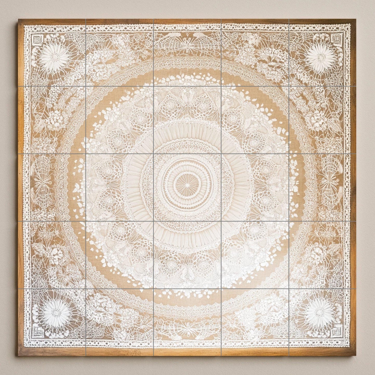 Elegant mandala ceramic tile mural for wall, decorative panel with intricate lace pattern, neutral bohemian design for kitchen or bedroom.