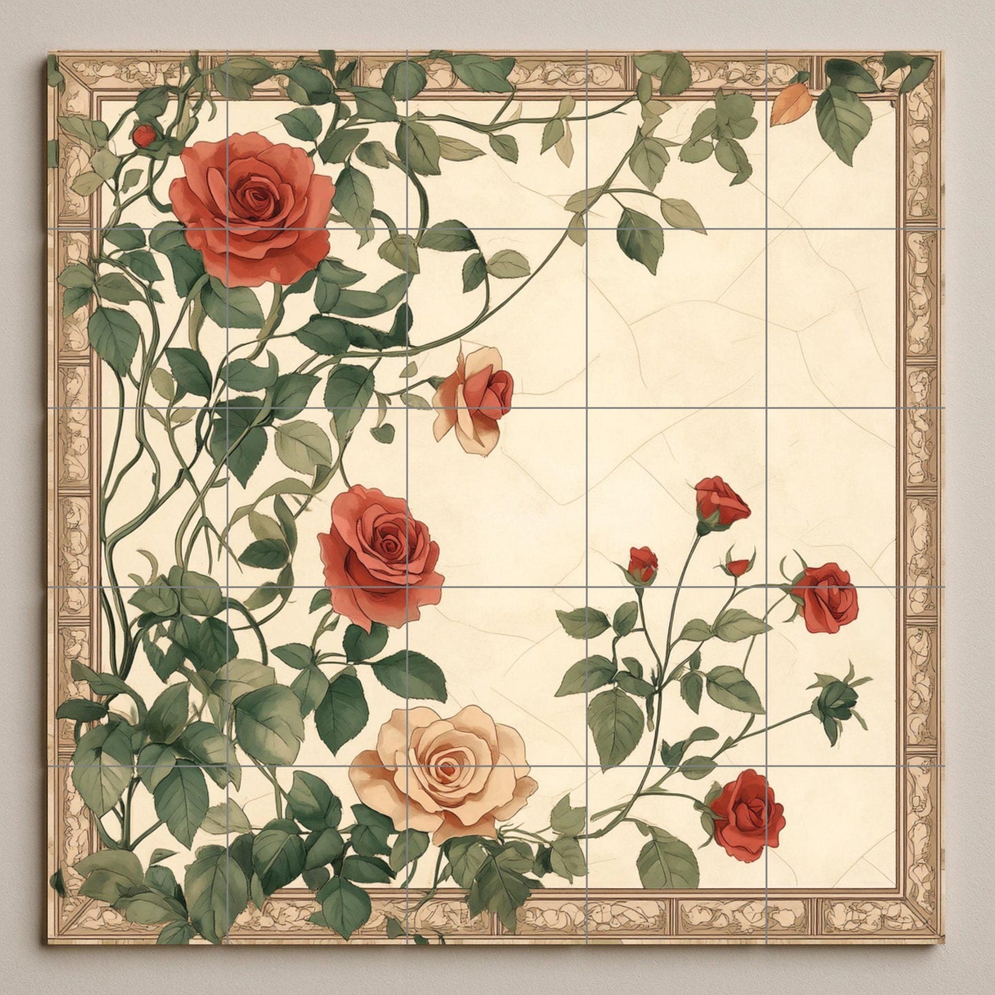 Ceramic tile mural with romantic roses, vintage floral botanical design with climbing roses for kitchen backsplash or living room decor.