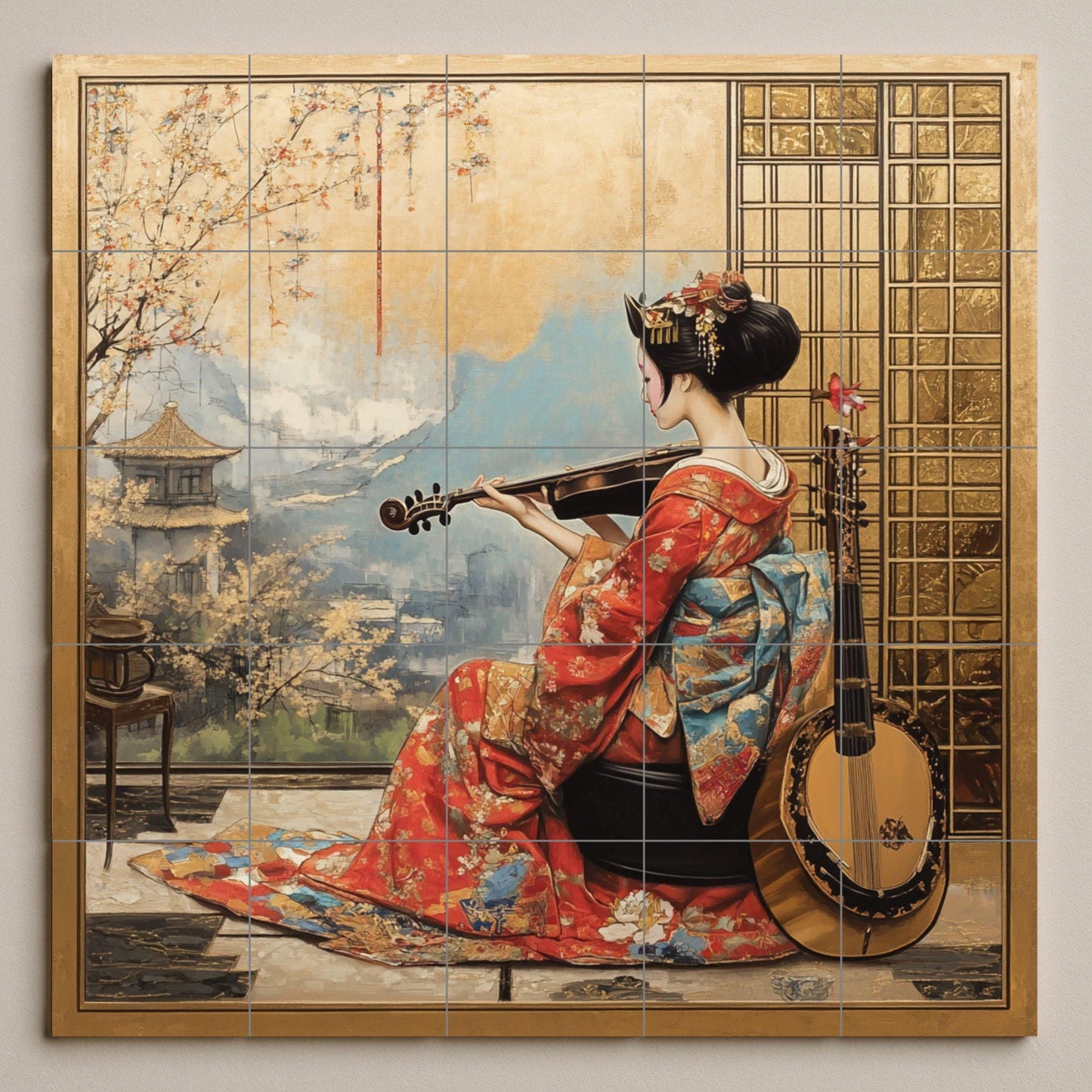 Ceramic wall mural of a geisha in a red kimono with a violin, Japanese cultural tile art with a gold frame, handmade oriental heritage decor