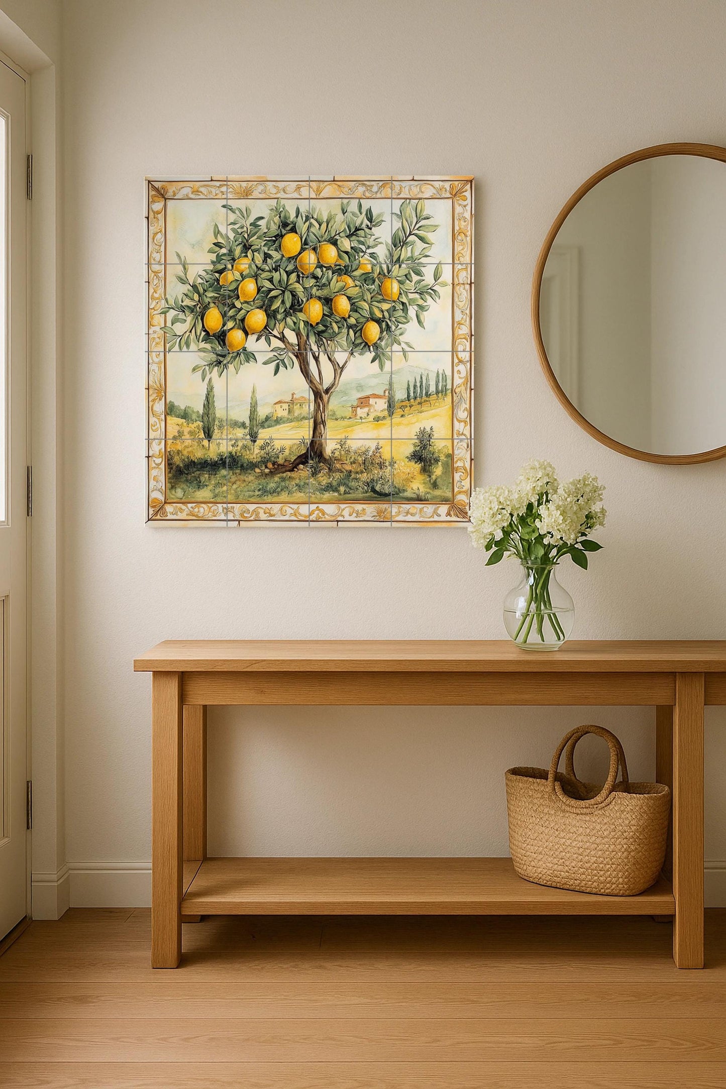 Ceramic wall mural of a lemon tree with a Tuscan landscape and gold border, Mediterranean orchard tile art, handmade rustic kitchen decor