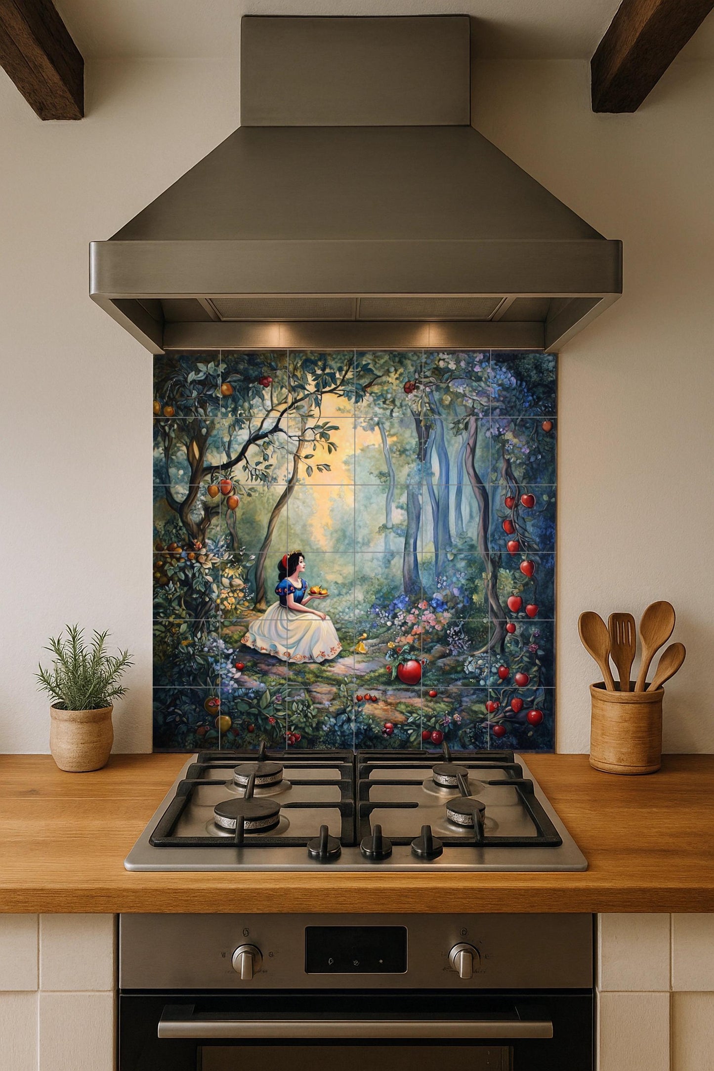 Snow White ceramic wall mural with enchanted forest and apples, fairy tale princess tile art, handmade fantasy tale home decor