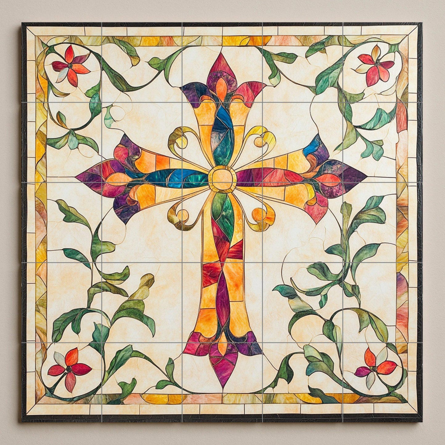 Colorful ceramic cross-shaped wall mural with floral ornaments, sacred Christian tile art, handmade religious decor inspired by stained glass.