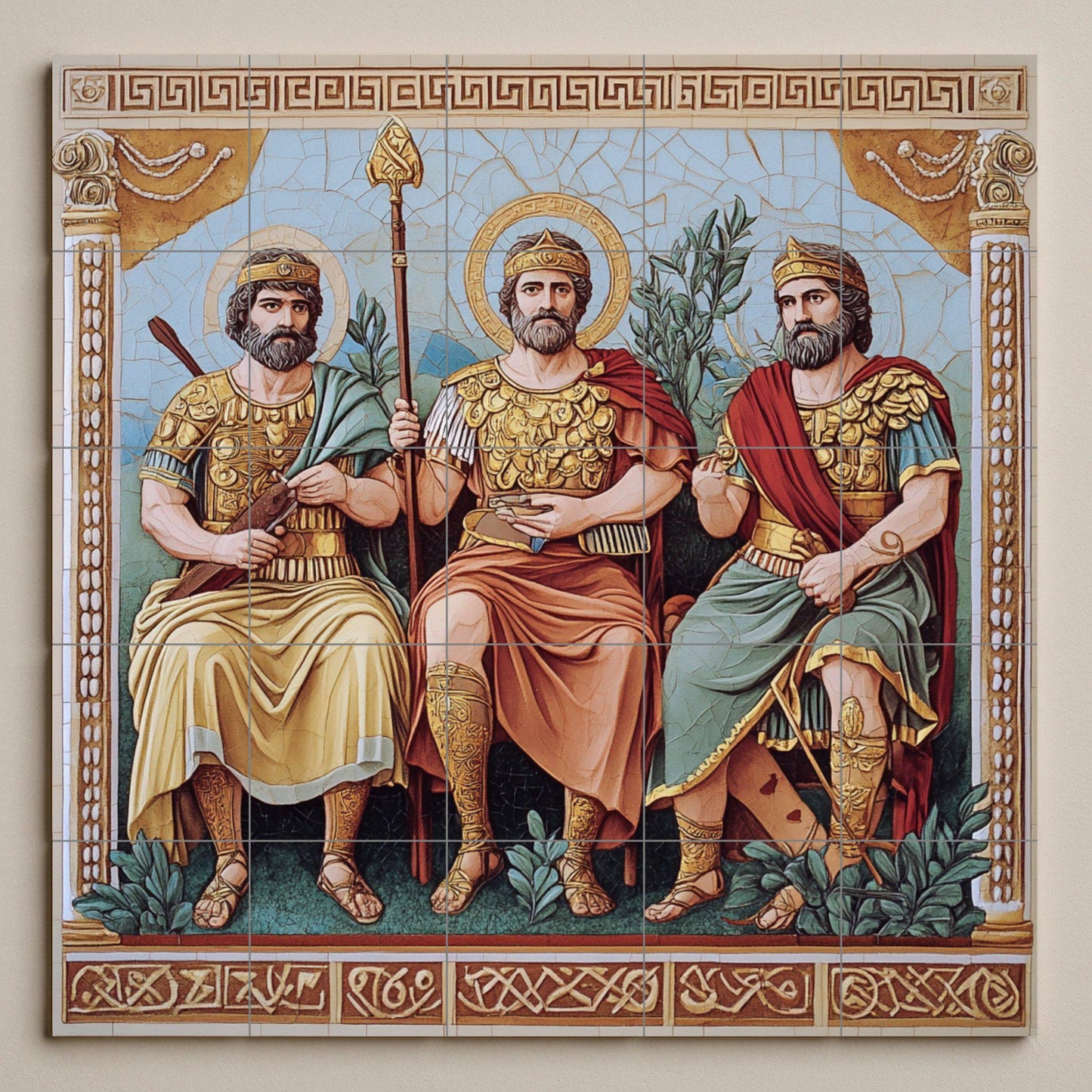 Ceramic mural of Byzantine kings in golden armor and sacred halos, historical religious tile art, handmade cultural decoration