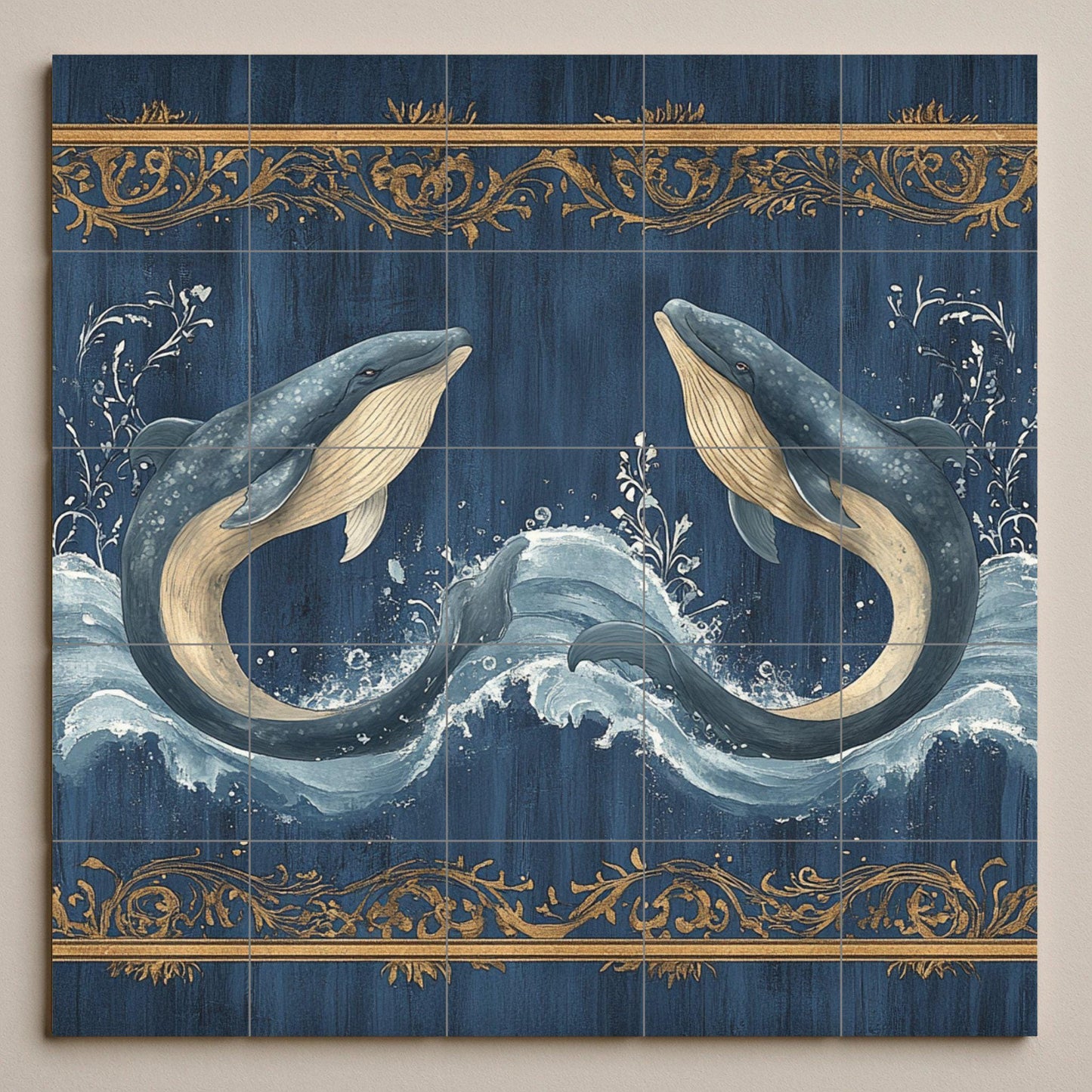 Blue whale ceramic wall mural with ocean waves and gold ornamental border, marine life tile art, handmade nautical coastal decor