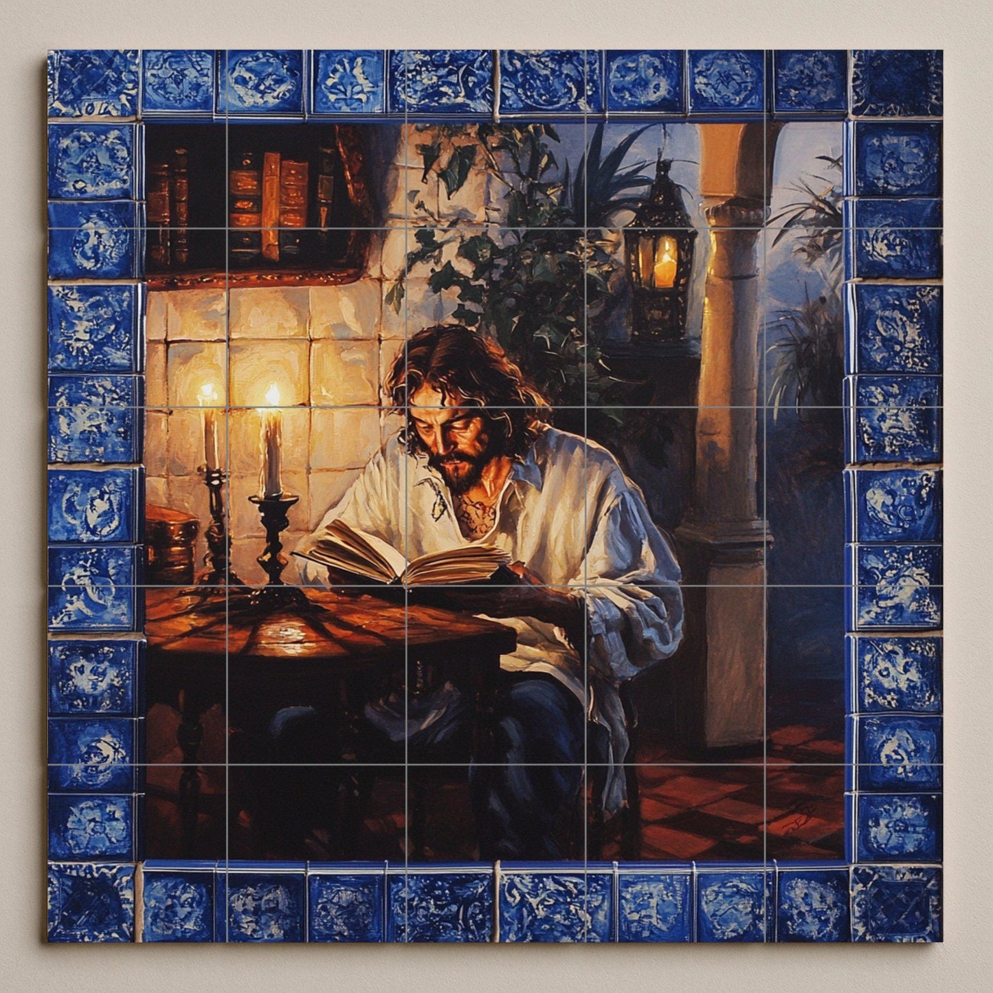 Classic ceramic wall mural featuring a man reading by candlelight, vintage art with a blue tile border, handmade historical literary home decor