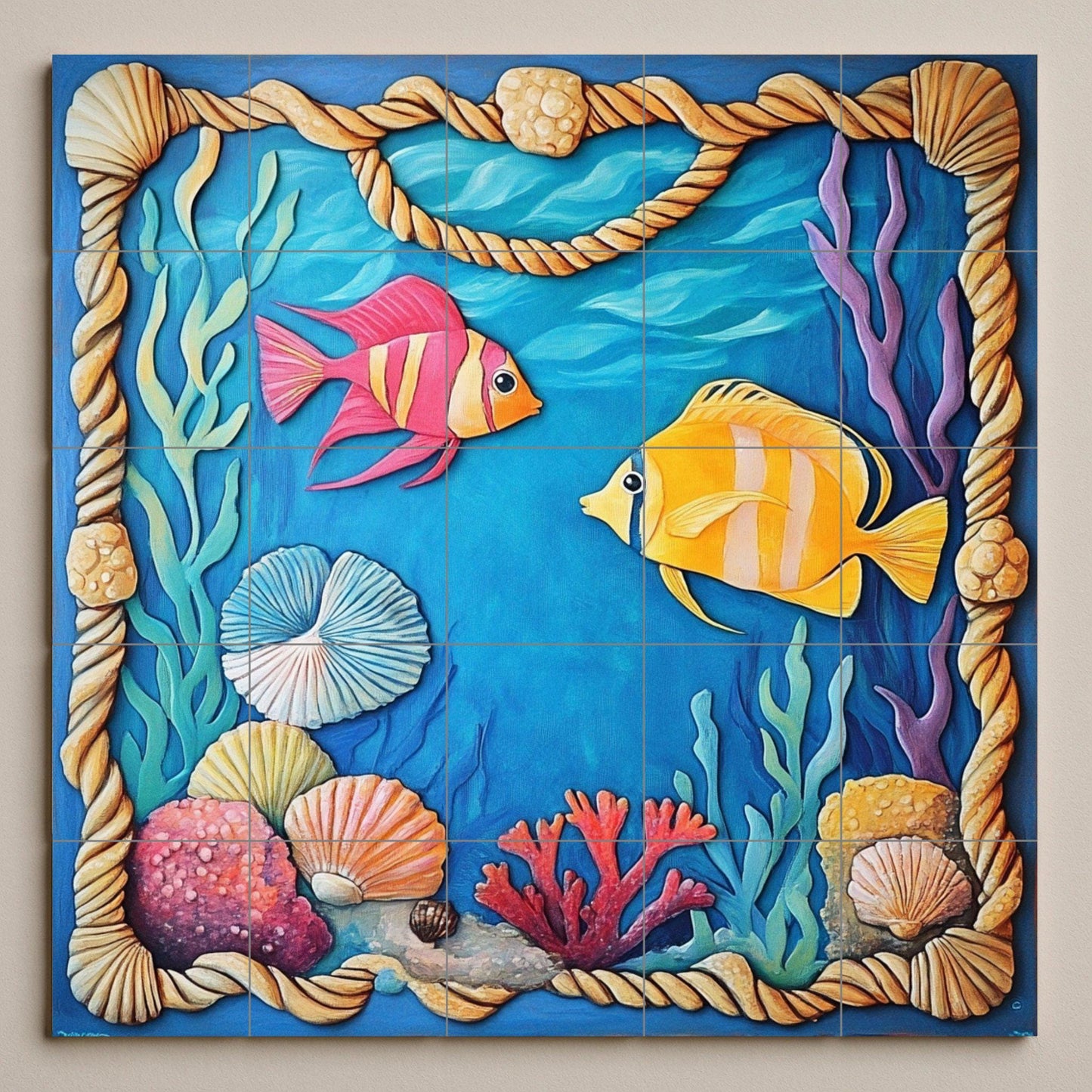 Underwater tile mural with colorful fish, shells, and a coral frame. Handmade coastal art for kitchen and patio.