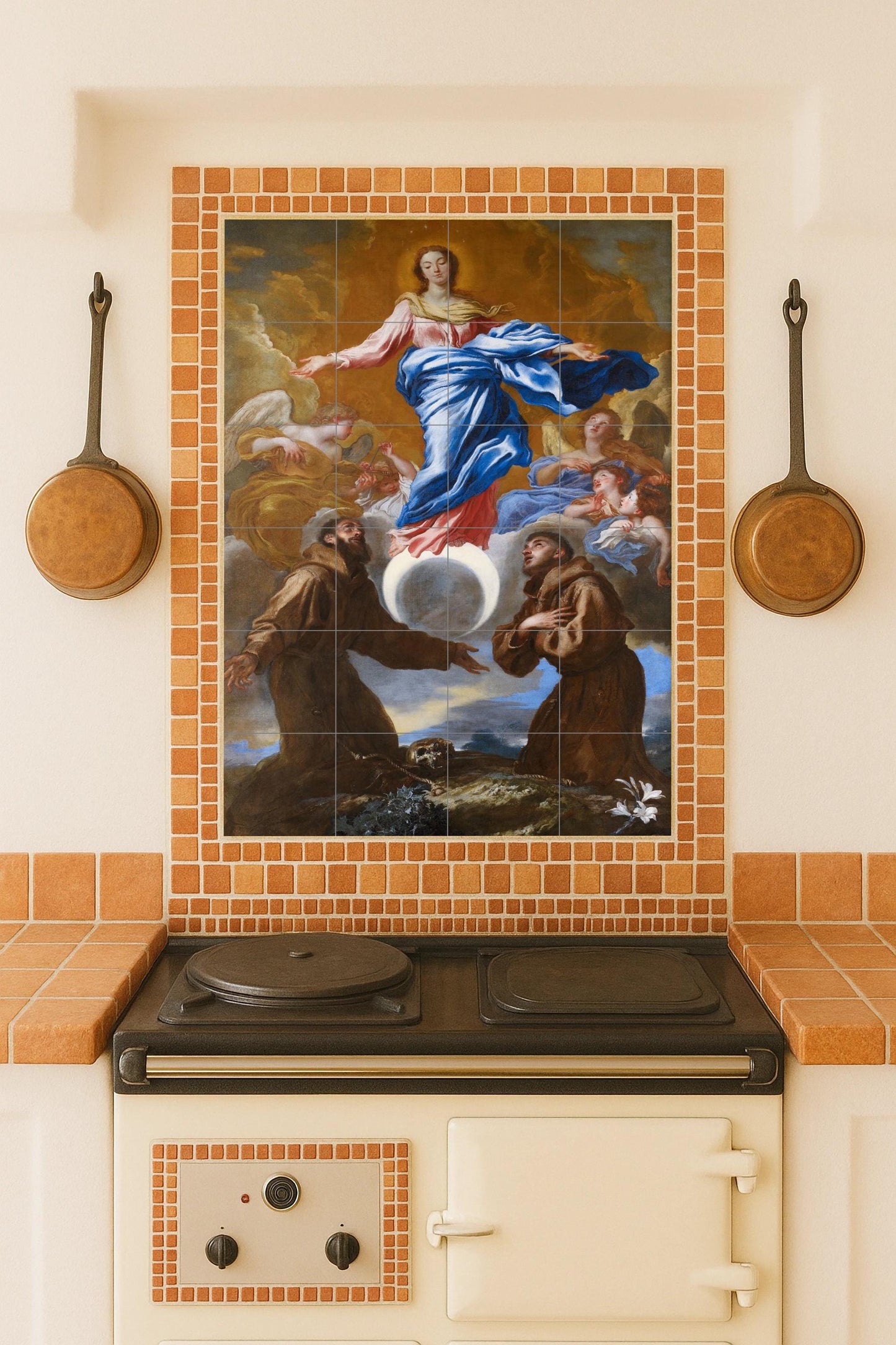 Immaculate Conception – Catholic ceramic mural of the Virgin Mary and angels / Classic religious mural art symbolizing purity and grace