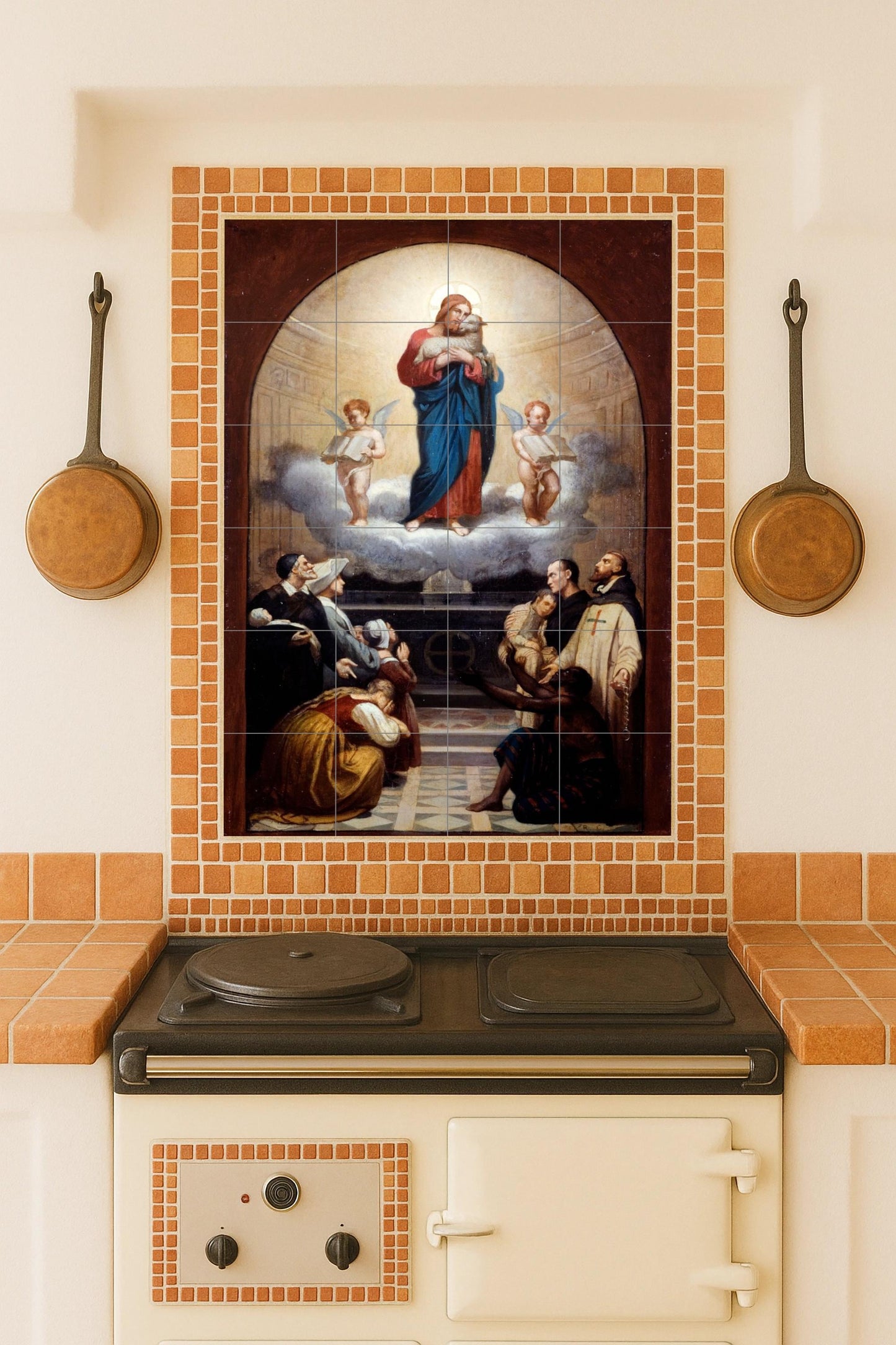 Sacred Heart of Jesus – Religious ceramic mural with angels and devotees / Classic Christian mural art of compassion and divine light