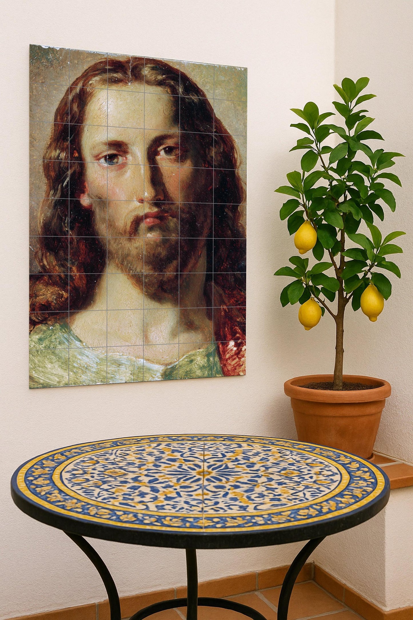 Face of Christ – Religious ceramic mural of Jesus in classical style / Sacred Christian mural art with serene expression and soft light