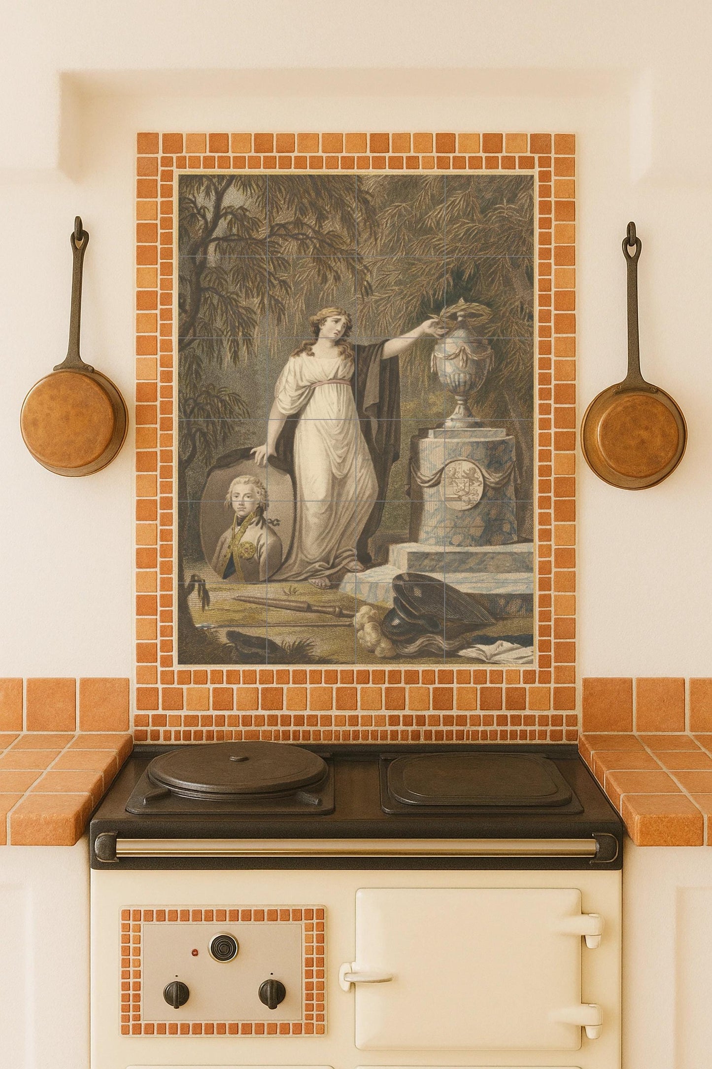 Allegory of mourning for a fallen hero: Neoclassical ceramic mural symbolizing honor and memory